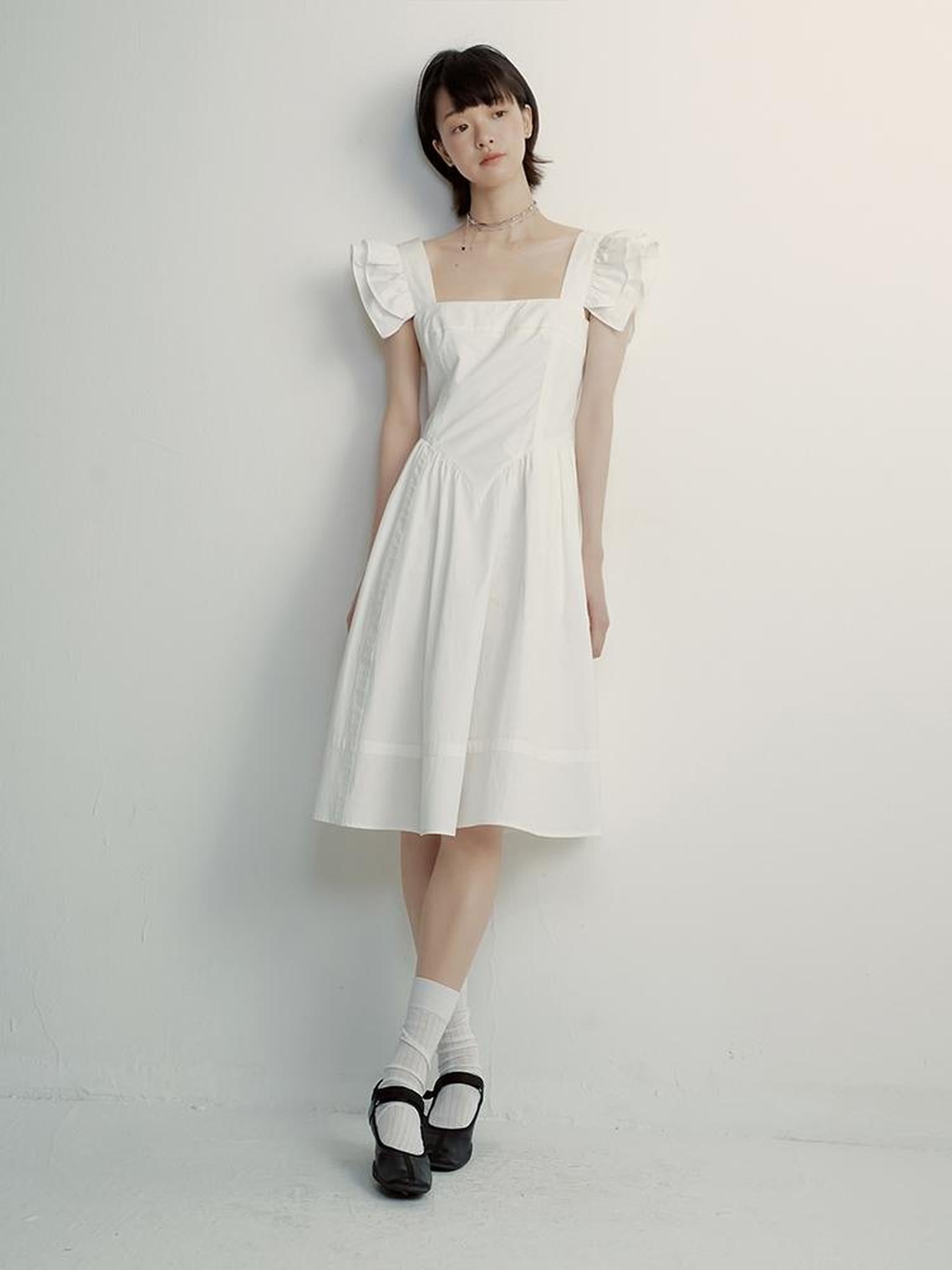 FUSSED Double Layer Ruffled Hem Collage Artwork Mist White Cotton Dress V-neck Long Sleeve