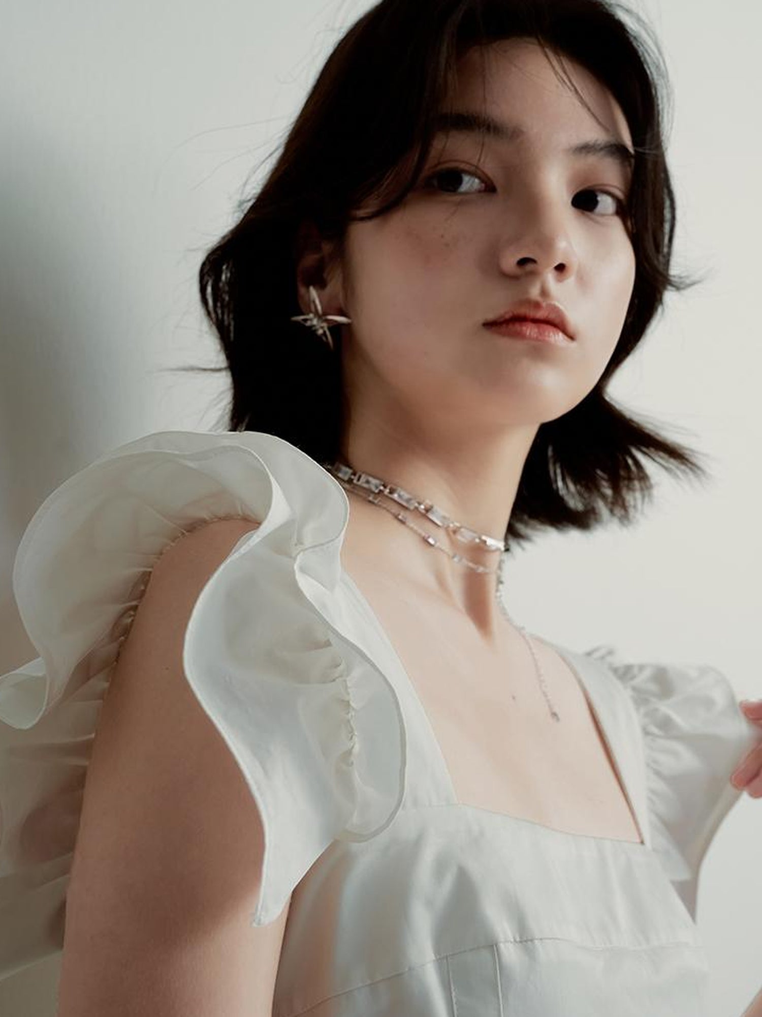 FUSSED Double Layer Ruffled Hem Collage Artwork Mist White Cotton Dress V Neck Long Sleeve