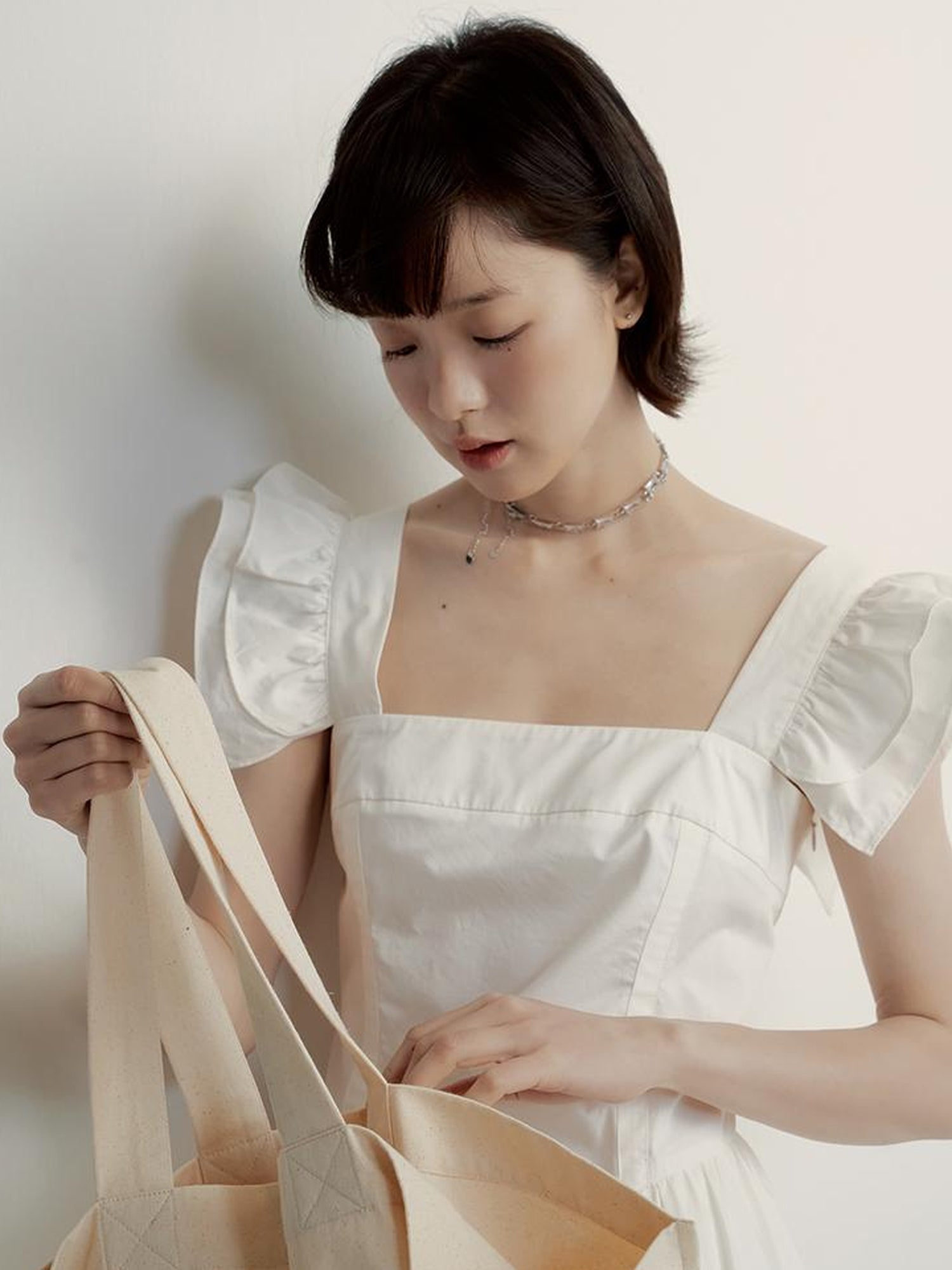 FUSSED Double Layer Ruffled Hem Collage Artwork Mist White Cotton Dress V Neck Long Sleeve