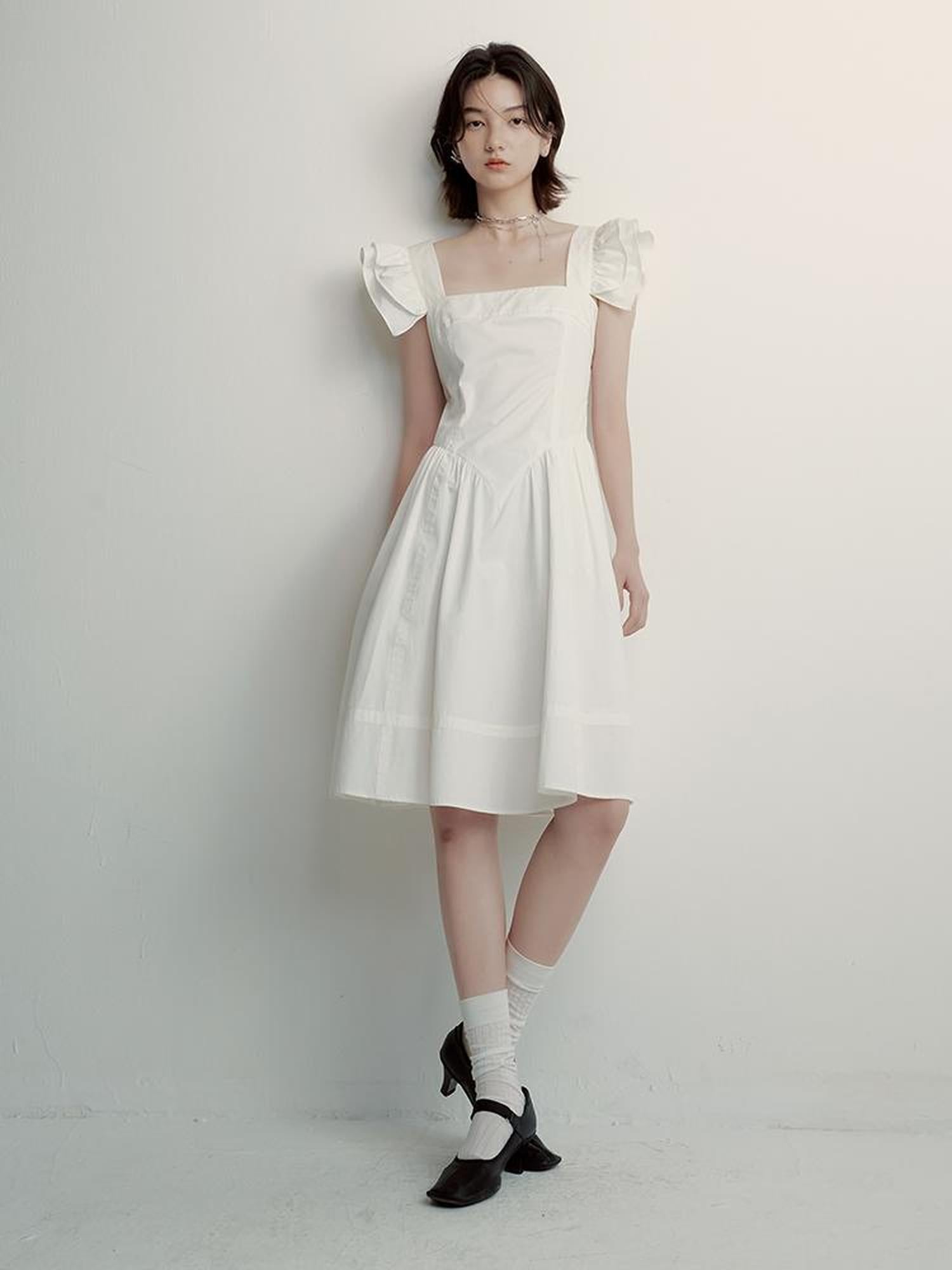 FUSSED Double Layer Ruffled Hem Collage Artwork Mist White Cotton Dress V-neck Long Sleeve