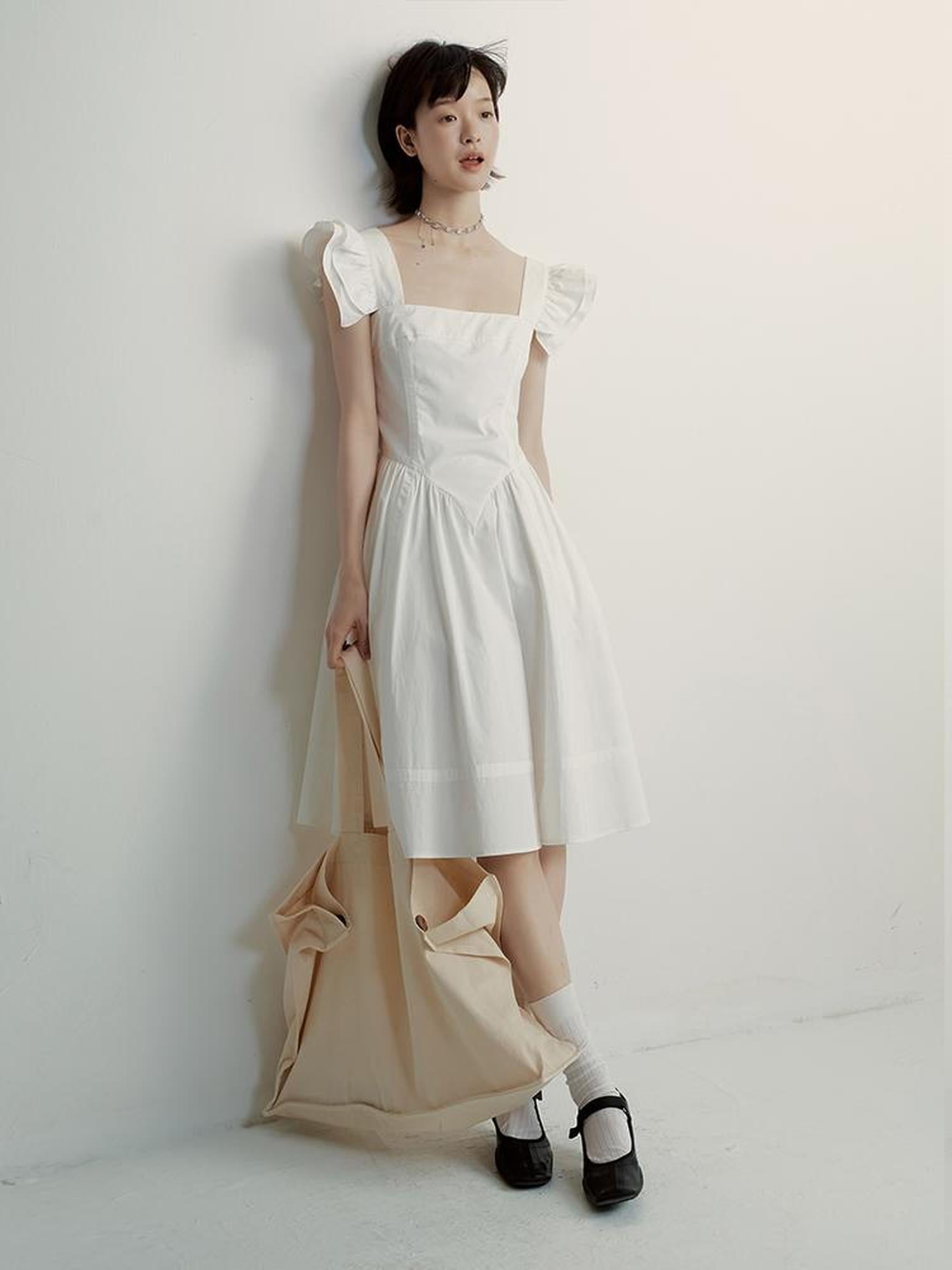 FUSSED Double Layer Ruffled Hem Collage Artwork Mist White Cotton Dress V-neck Long Sleeve