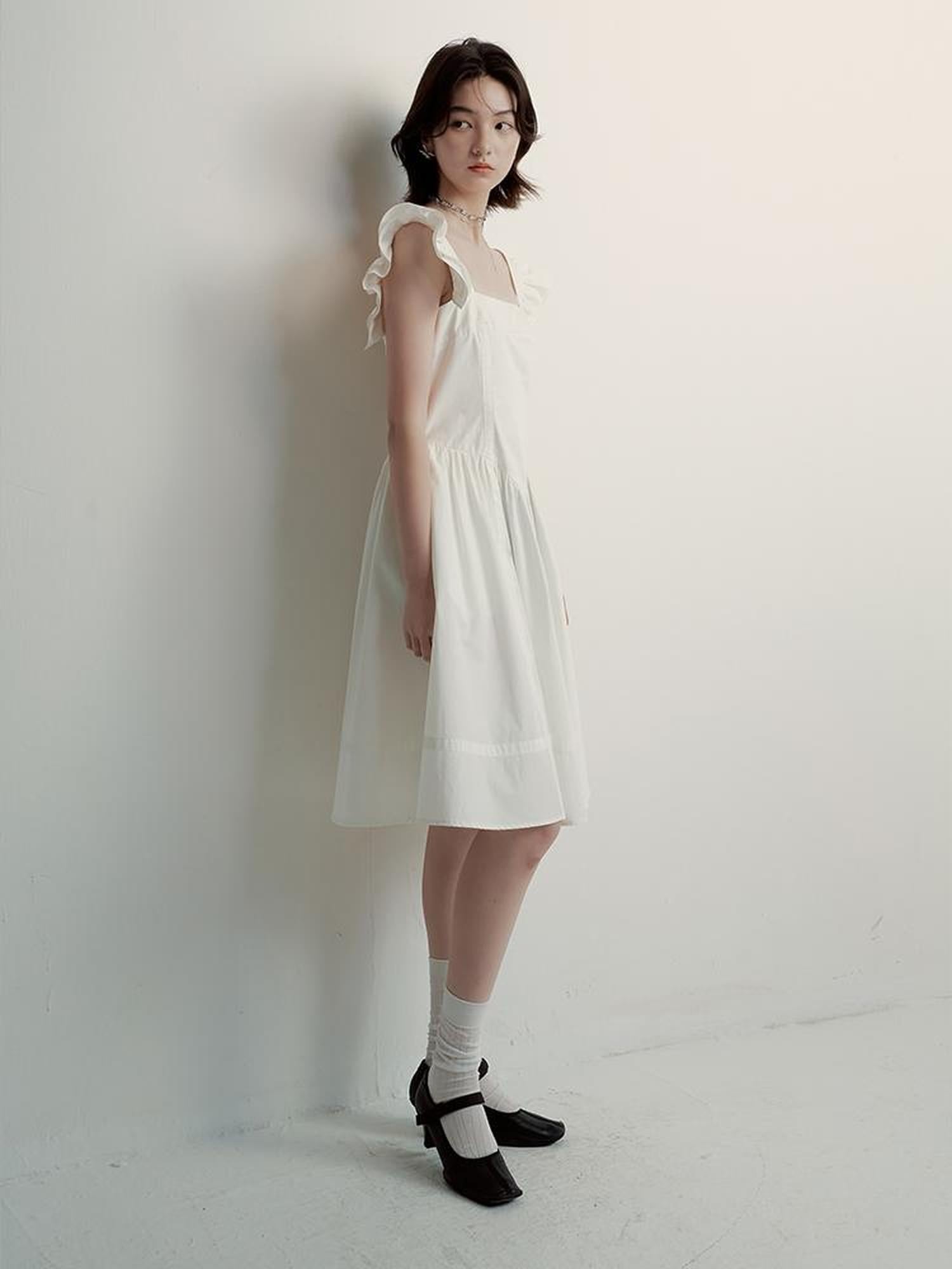 FUSSED Double Layer Ruffled Hem Collage Artwork Mist White Cotton Dress V-neck Long Sleeve