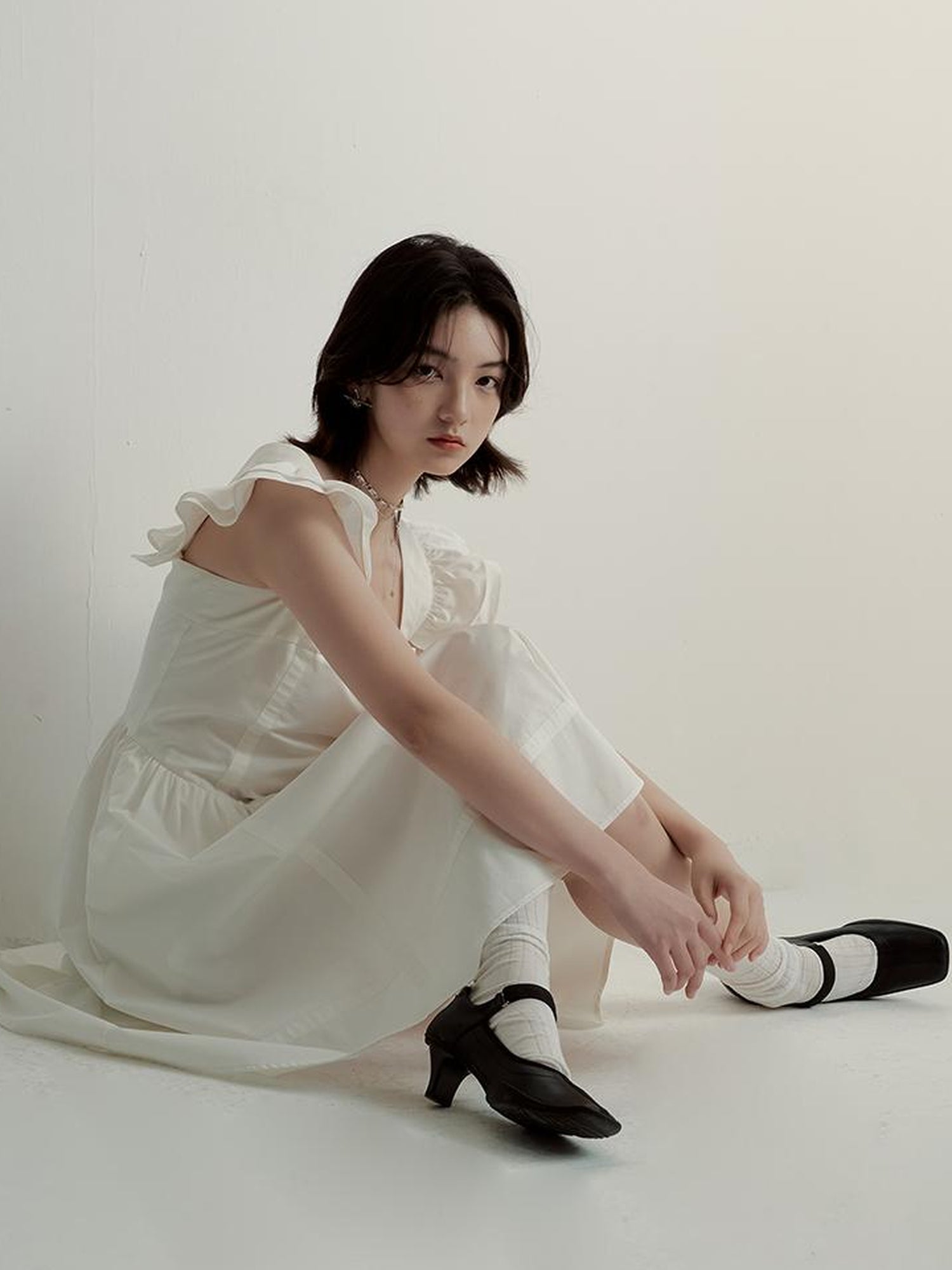 FUSSED Double Layer Ruffled Hem Collage Artwork Mist White Cotton Dress V Neck Long Sleeve