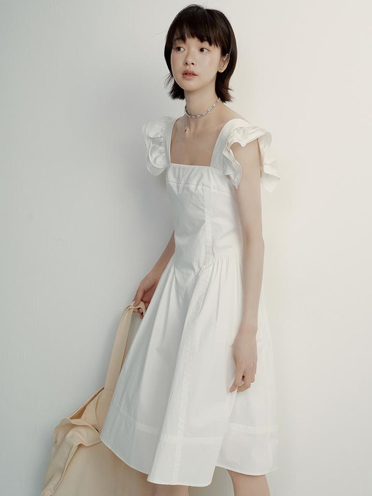 FUSSED Double Layer Ruffled Hem Collage Artwork Mist White Cotton Dress V Neck Long Sleeve