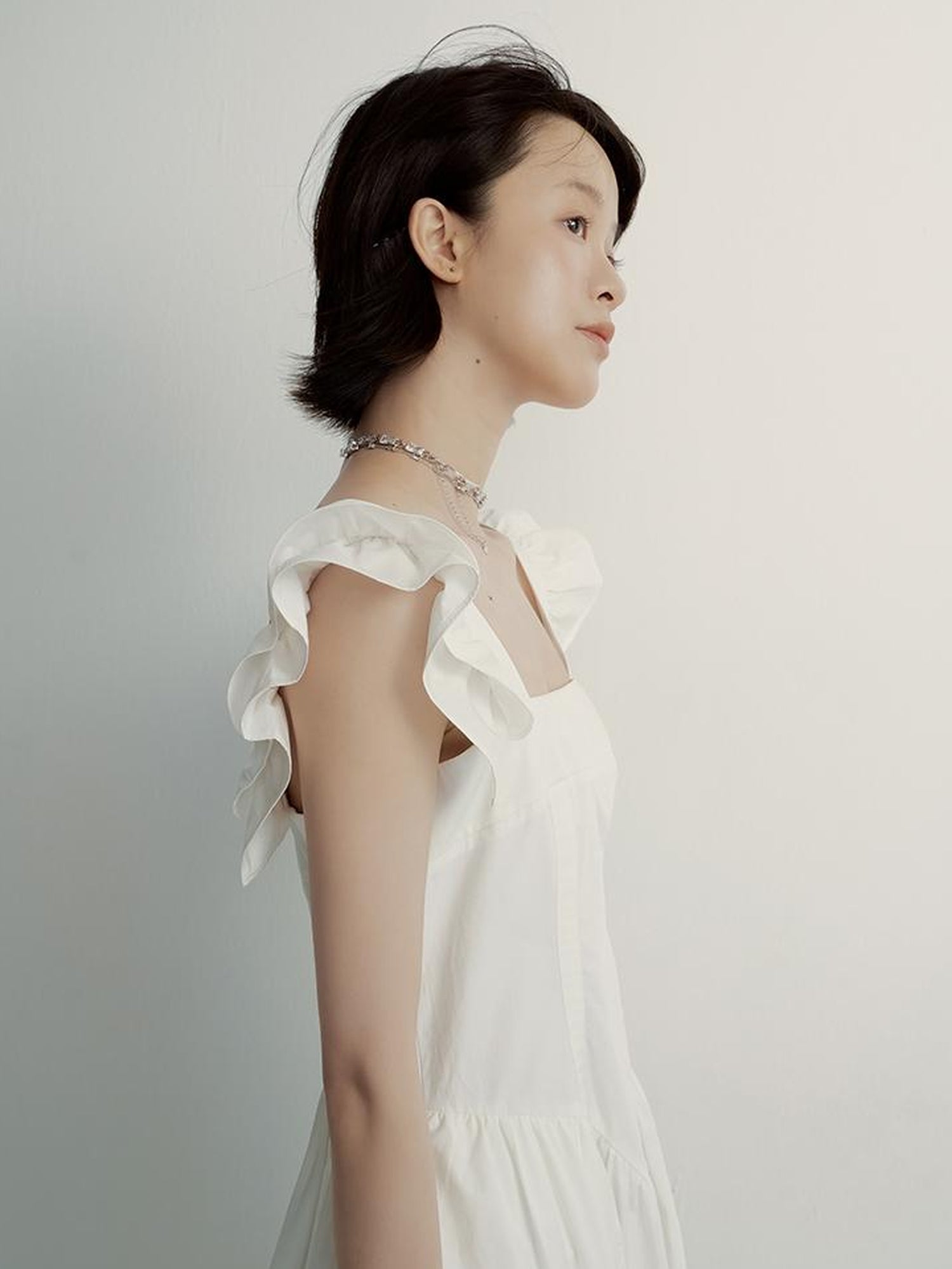 FUSSED Double Layer Ruffled Hem Collage Artwork Mist White Cotton Dress V Neck Long Sleeve