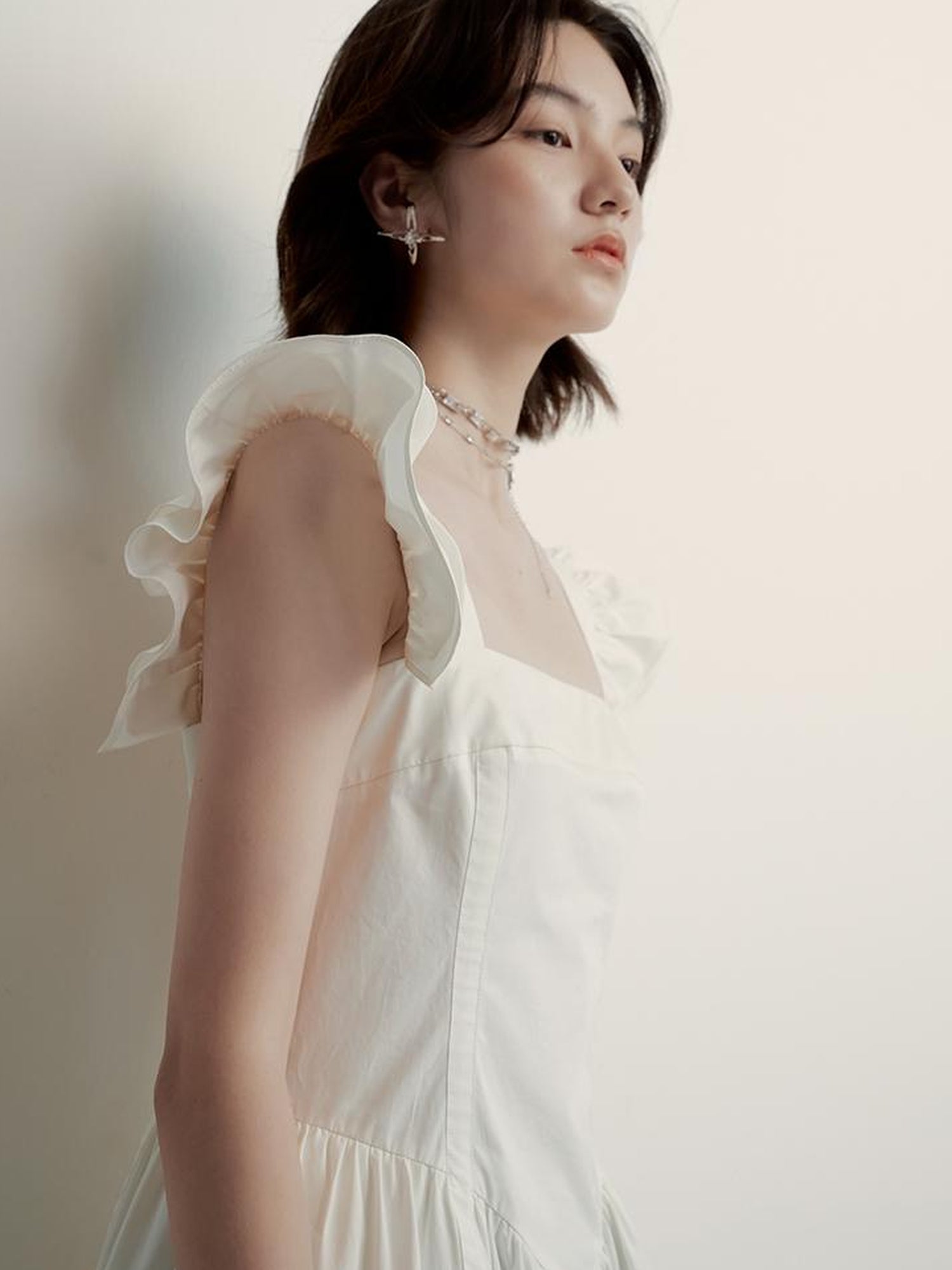 FUSSED Double Layer Ruffled Hem Collage Artwork Mist White Cotton Dress V Neck Long Sleeve