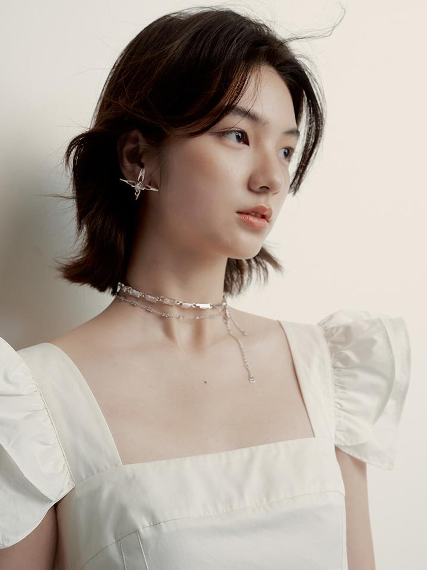 FUSSED Double Layer Ruffled Hem Collage Artwork Mist White Cotton Dress V Neck Long Sleeve