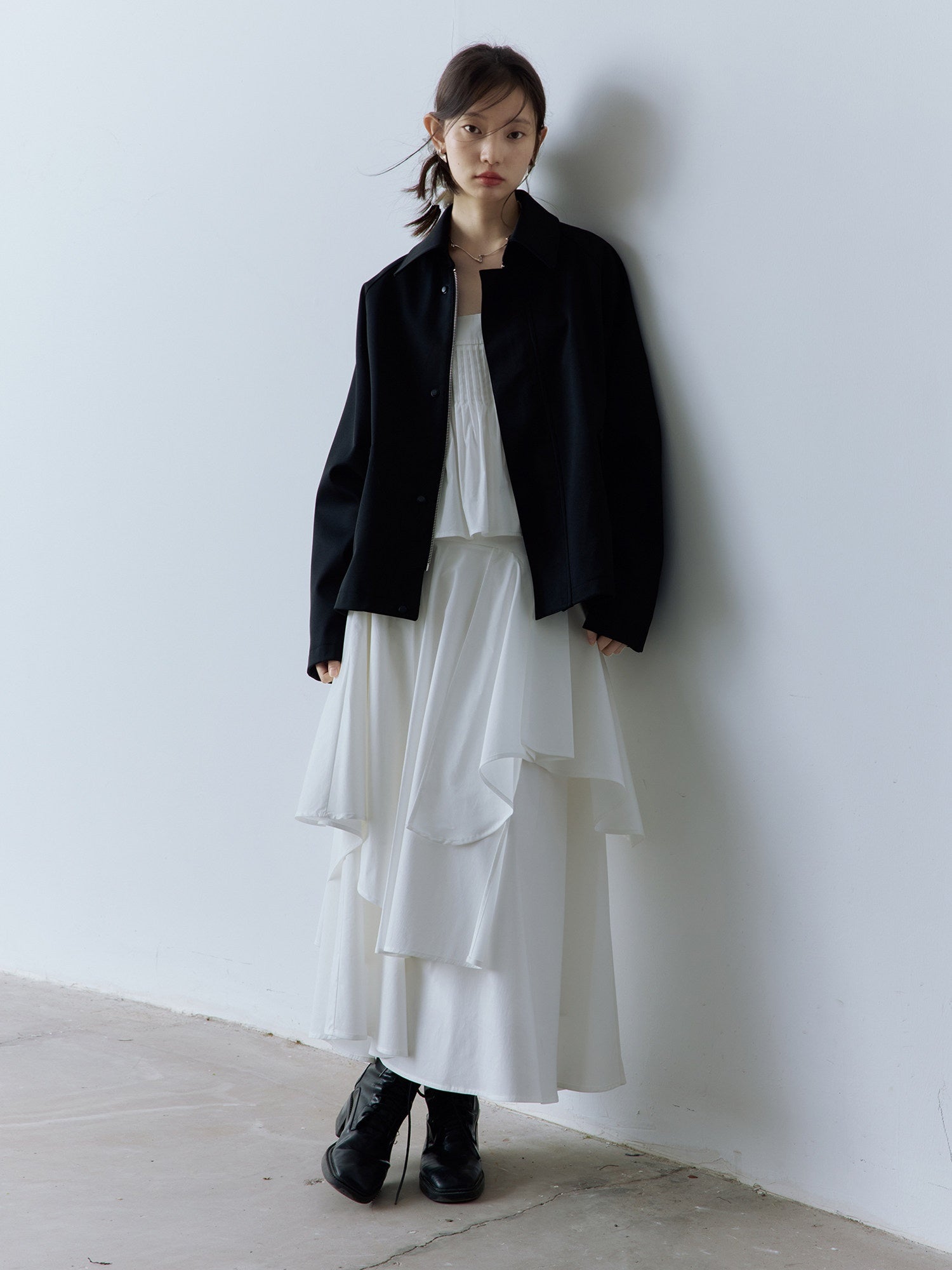 FUSSED_Double_Layer_Zip_Front_Loose_Fit_Preppy_Mid_Length_Lapel_Women_Black_Jacket_MISSTT