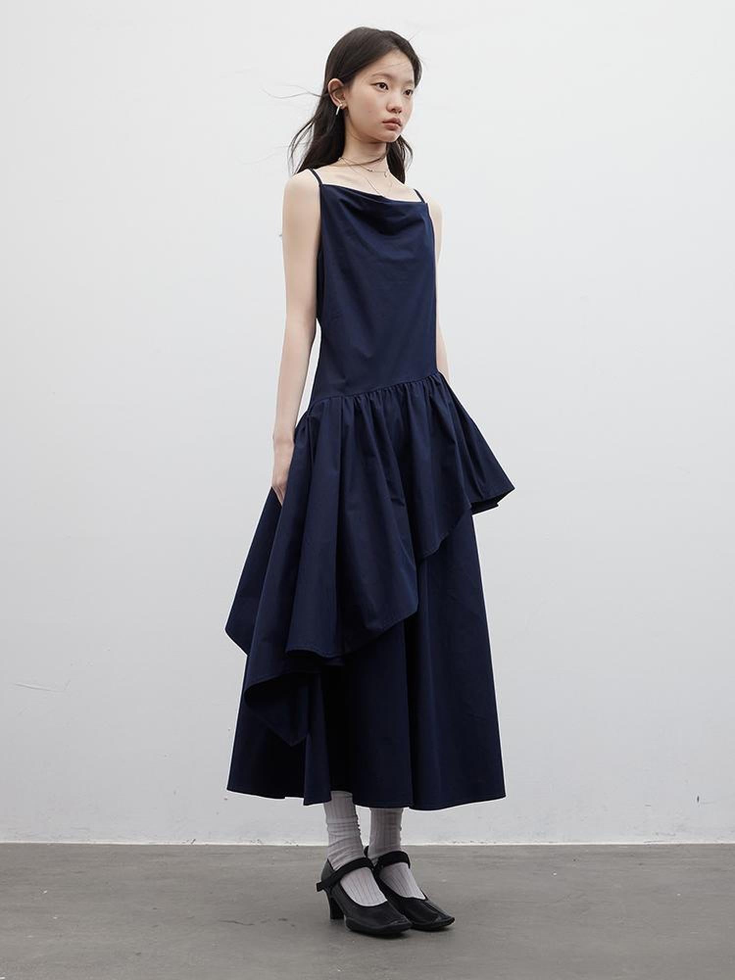 FUSSED Draped Cowl Neck Moonlight Blue Cotton Maxi Dress