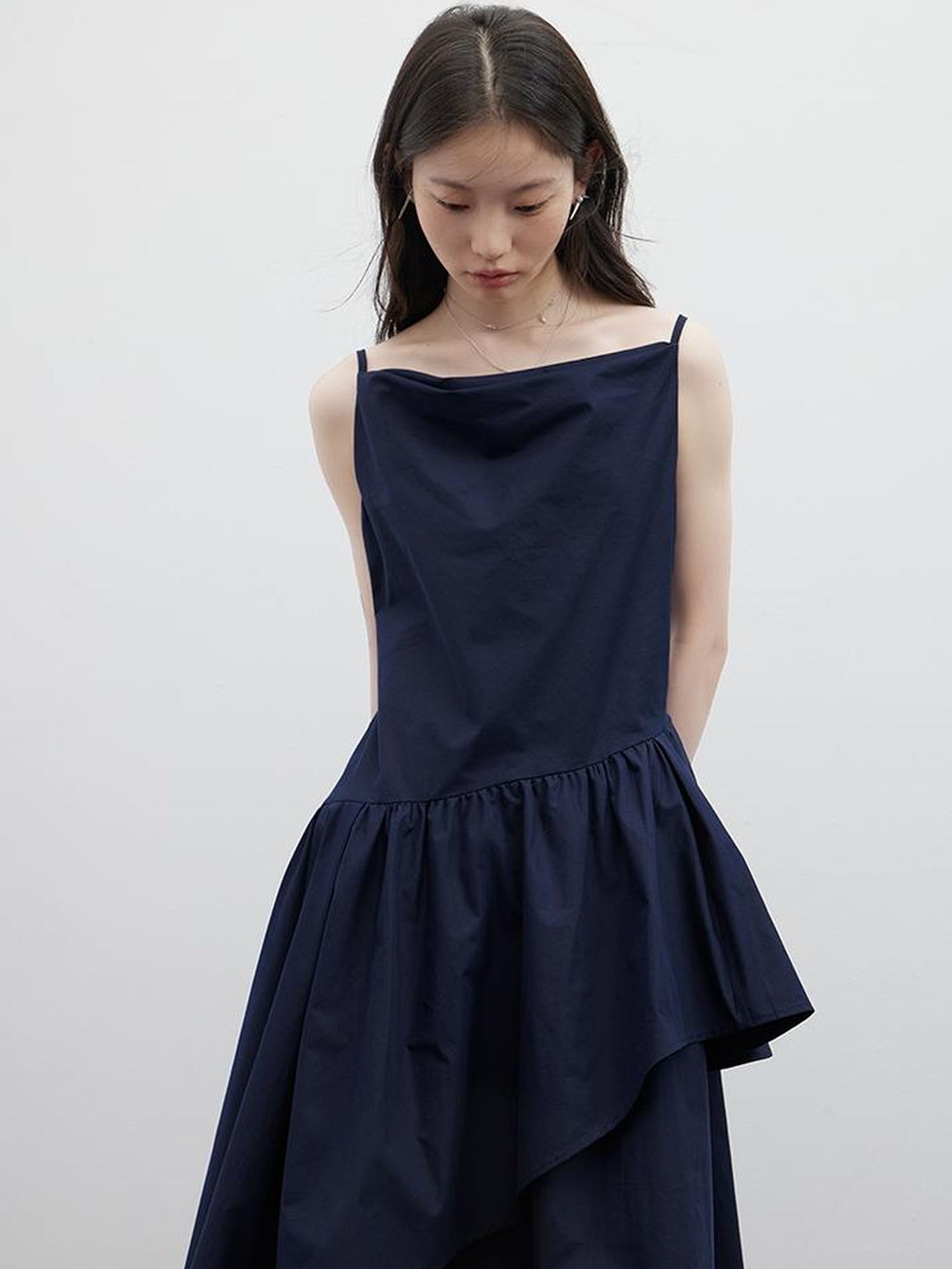 FUSSED Draped Cowl Neck Moonlight Blue Cotton Maxi Dress