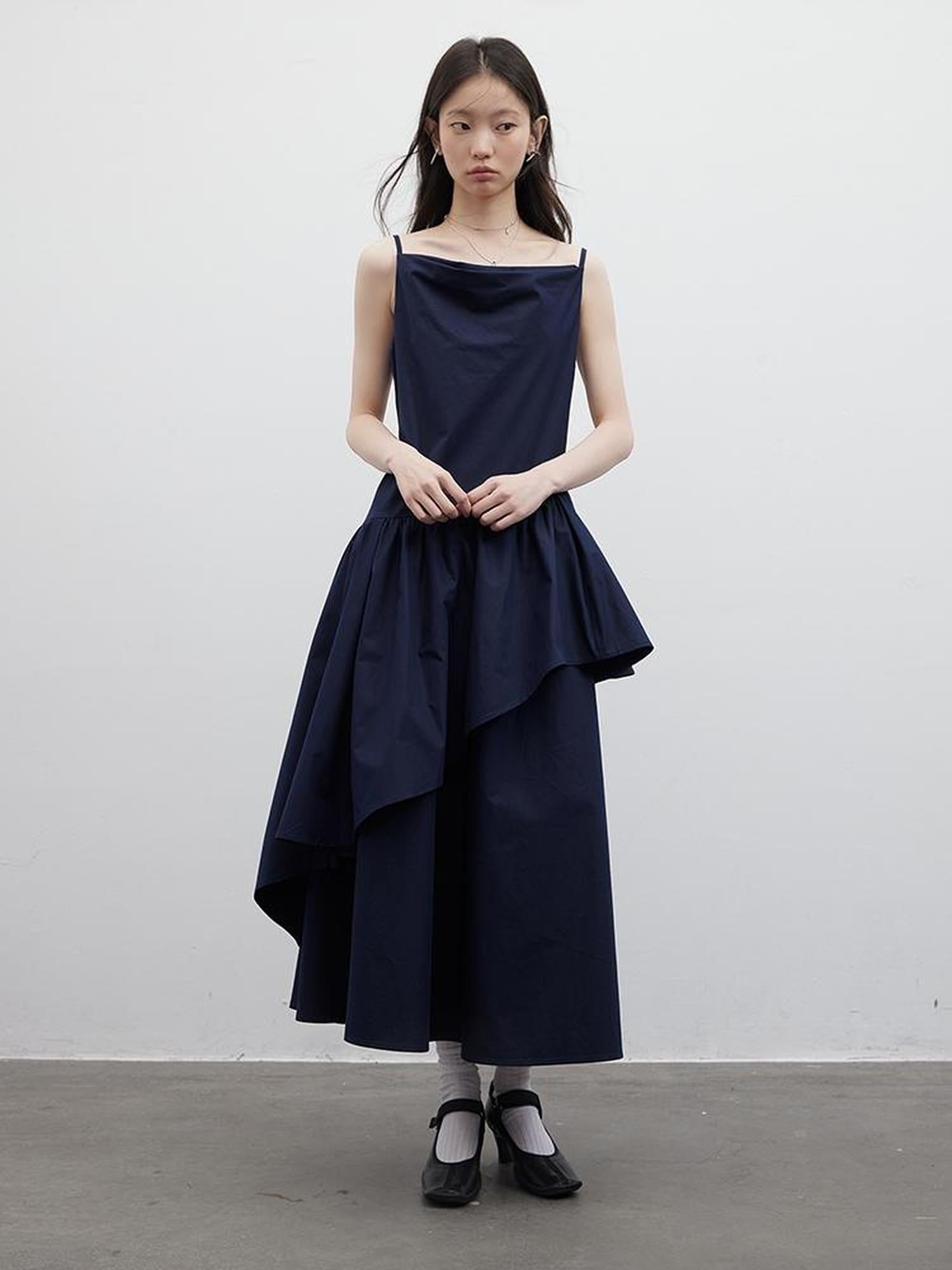 FUSSED Draped Cowl Neck Moonlight Blue Cotton Maxi Dress