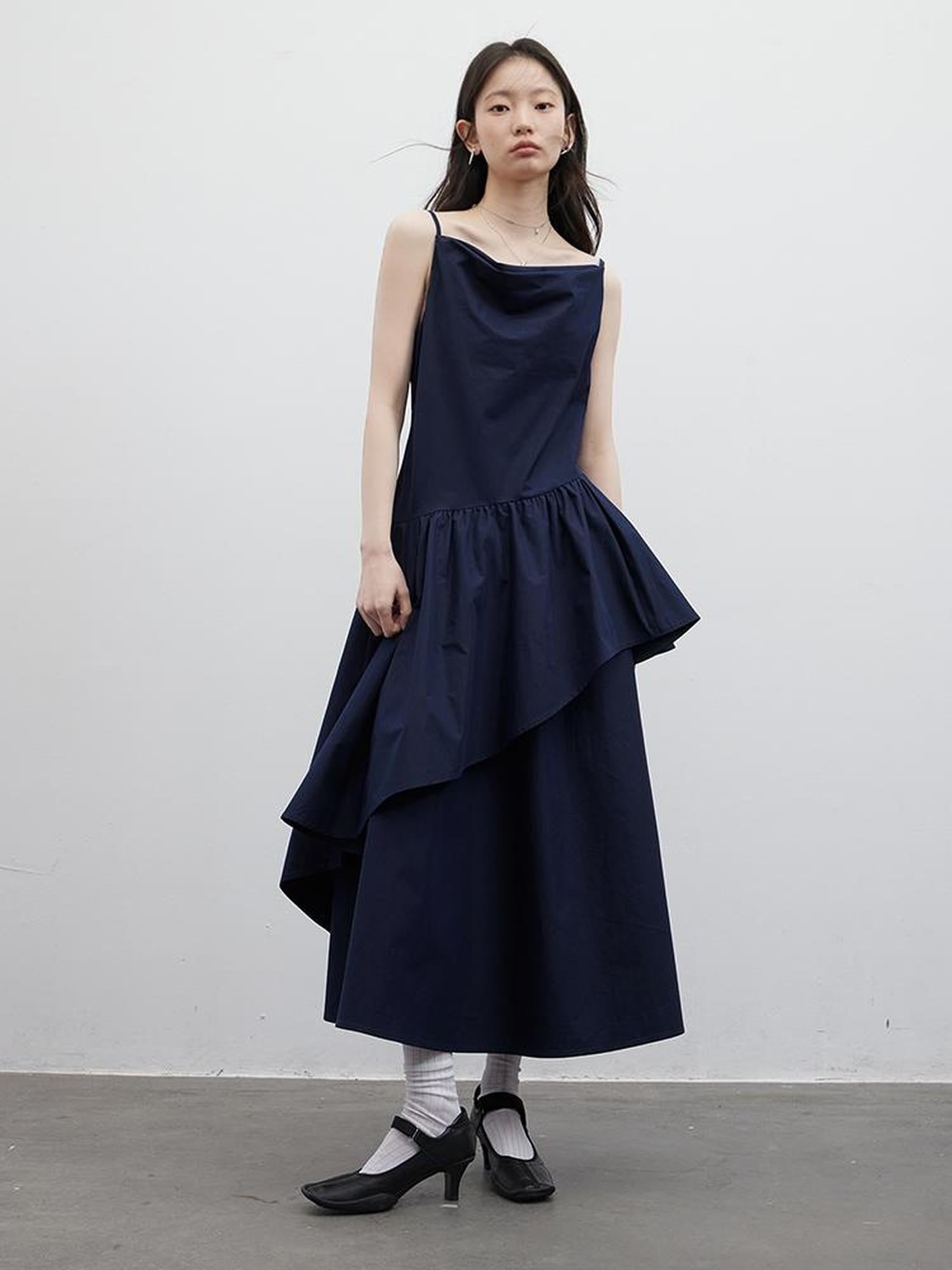 FUSSED Draped Cowl Neck Moonlight Blue Cotton Maxi Dress