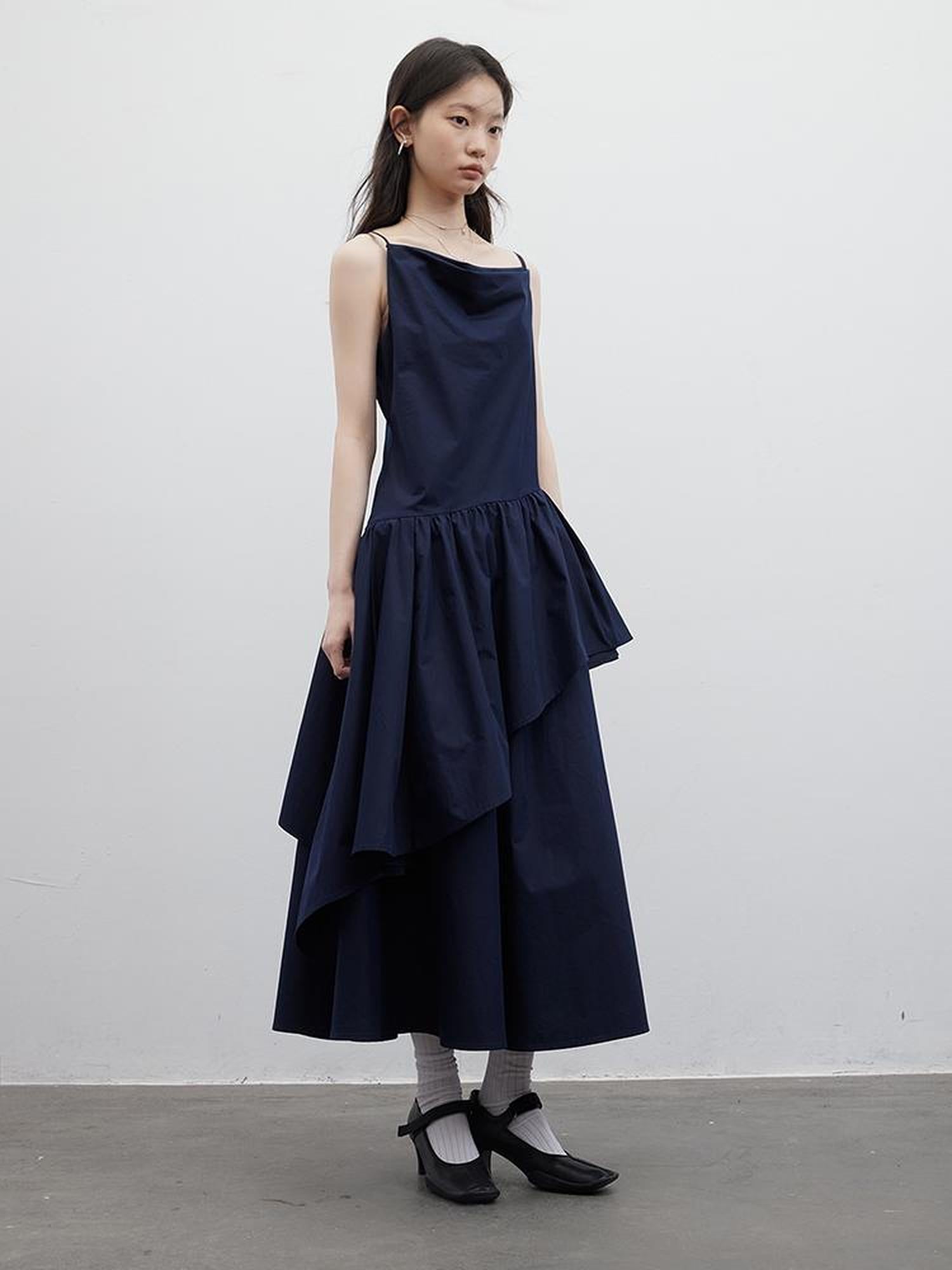 FUSSED Draped Cowl Neck Moonlight Blue Cotton Maxi Dress