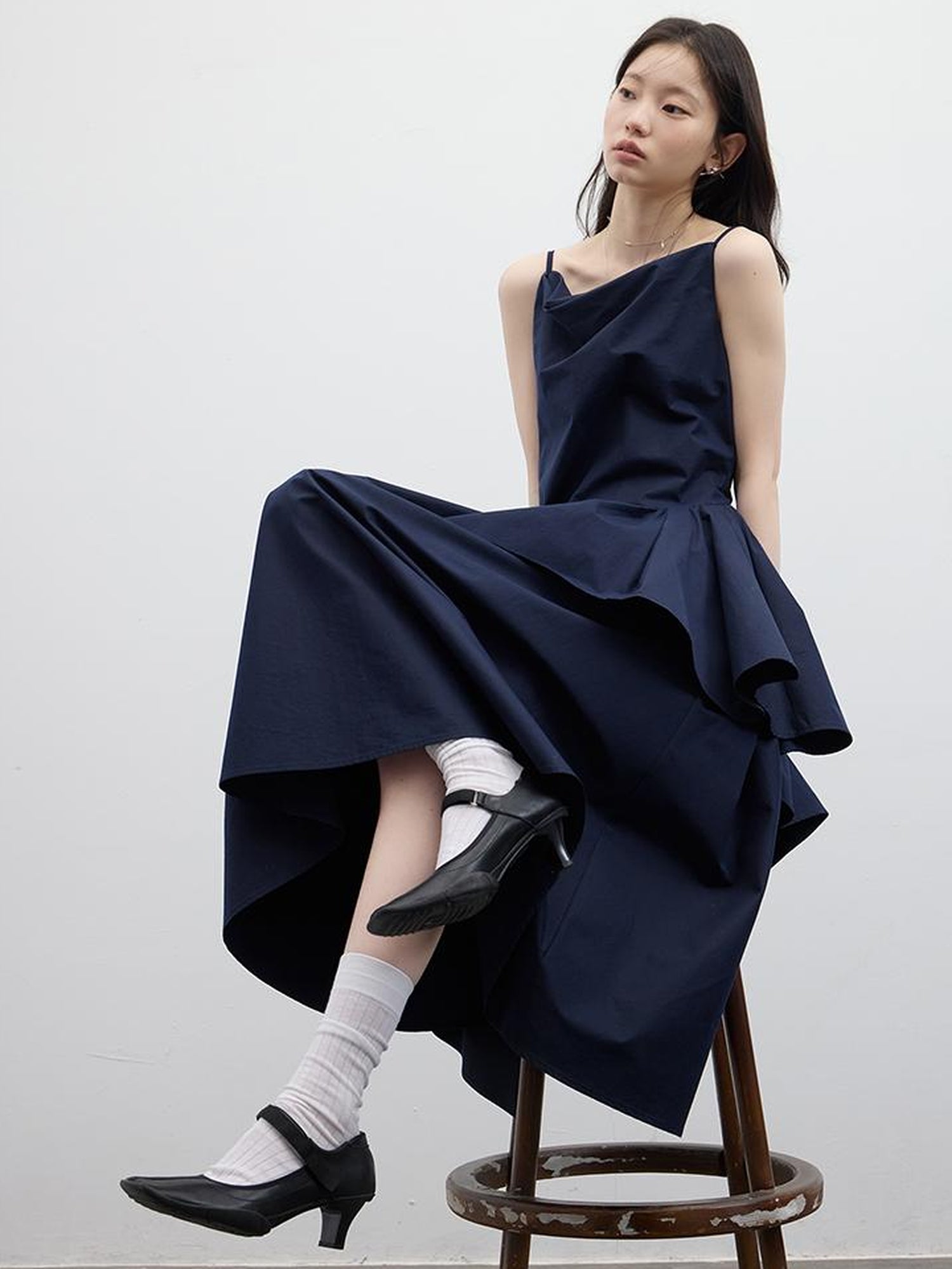 FUSSED Draped Cowl Neck Moonlight Blue Cotton Maxi Dress