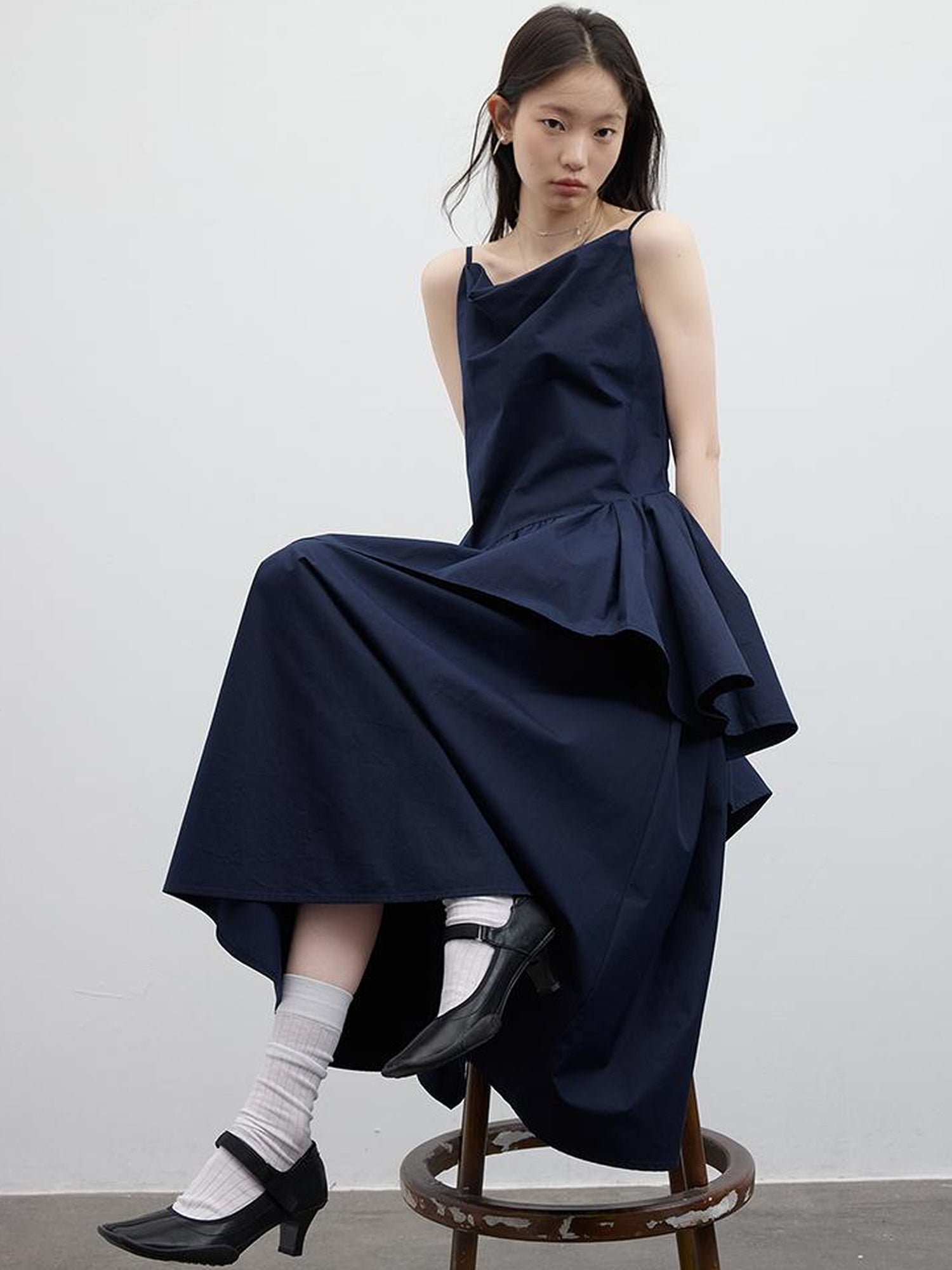 FUSSED Draped Cowl Neck Moonlight Blue Cotton Maxi Dress