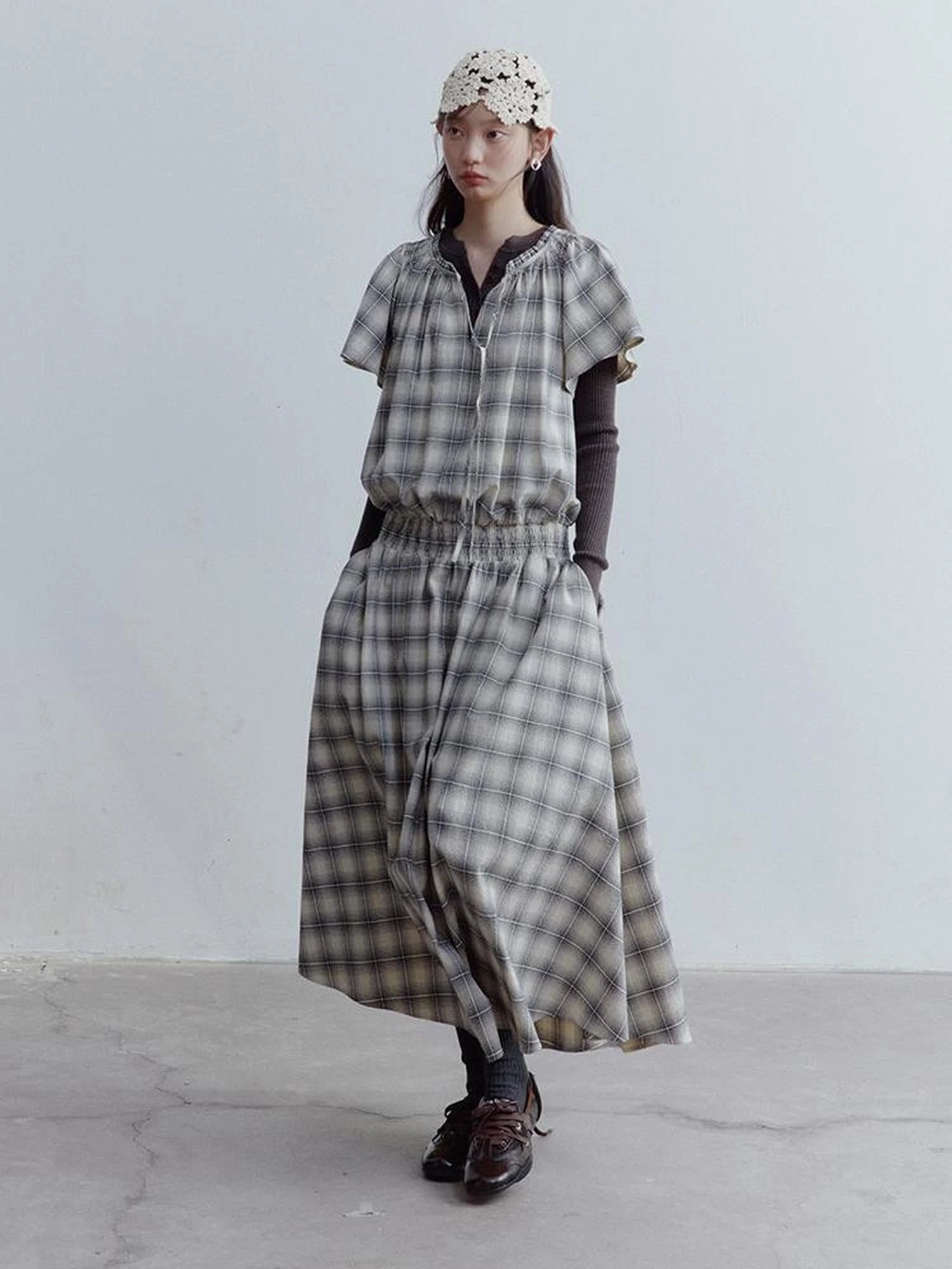 Dupplin Check Smocked Bubble Textured A Line Dress V-neck T-shirt Long Sleeve