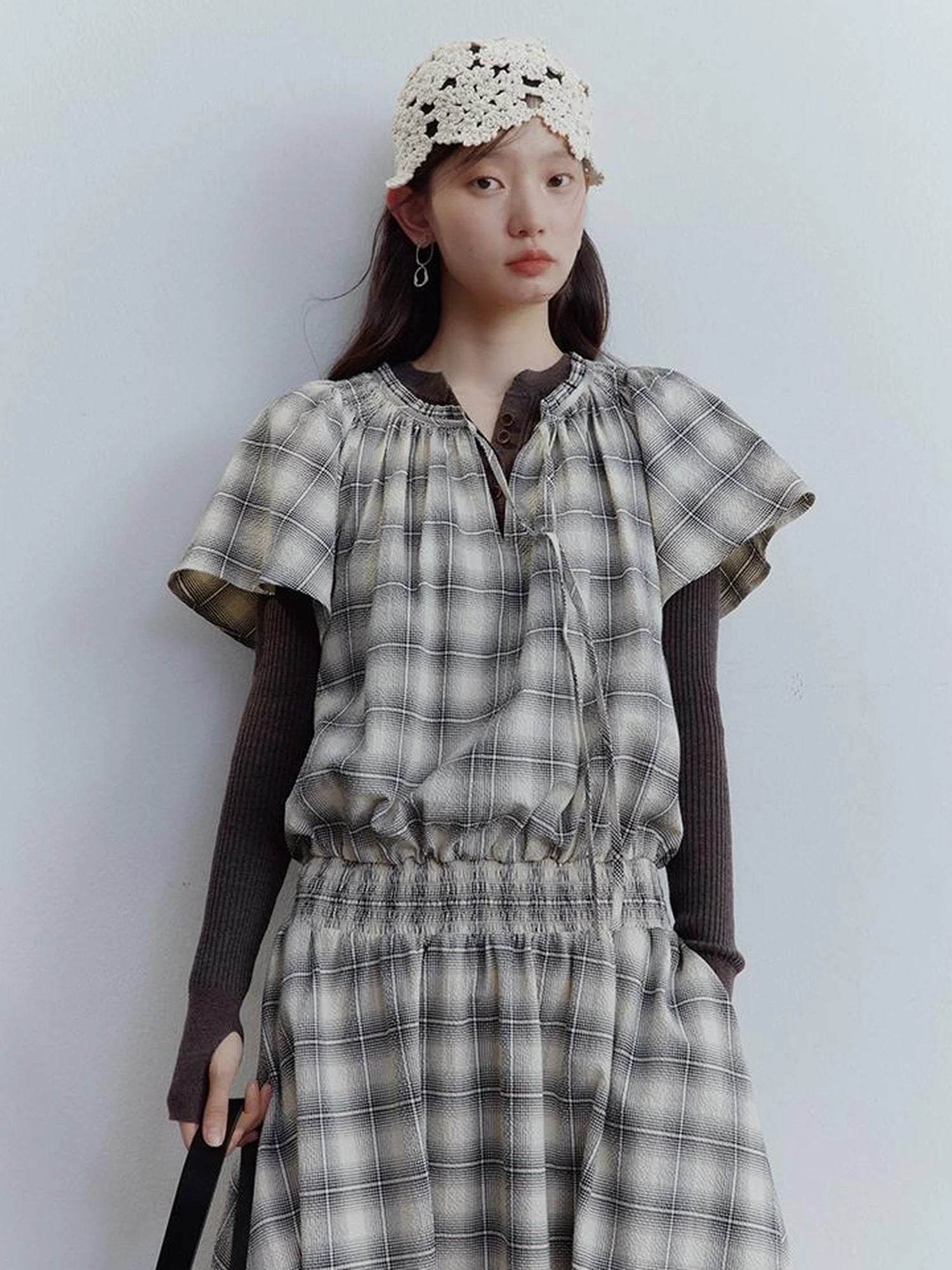 Dupplin Check Smocked Bubble Textured A Line Dress V-neck T-shirt Long Sleeve