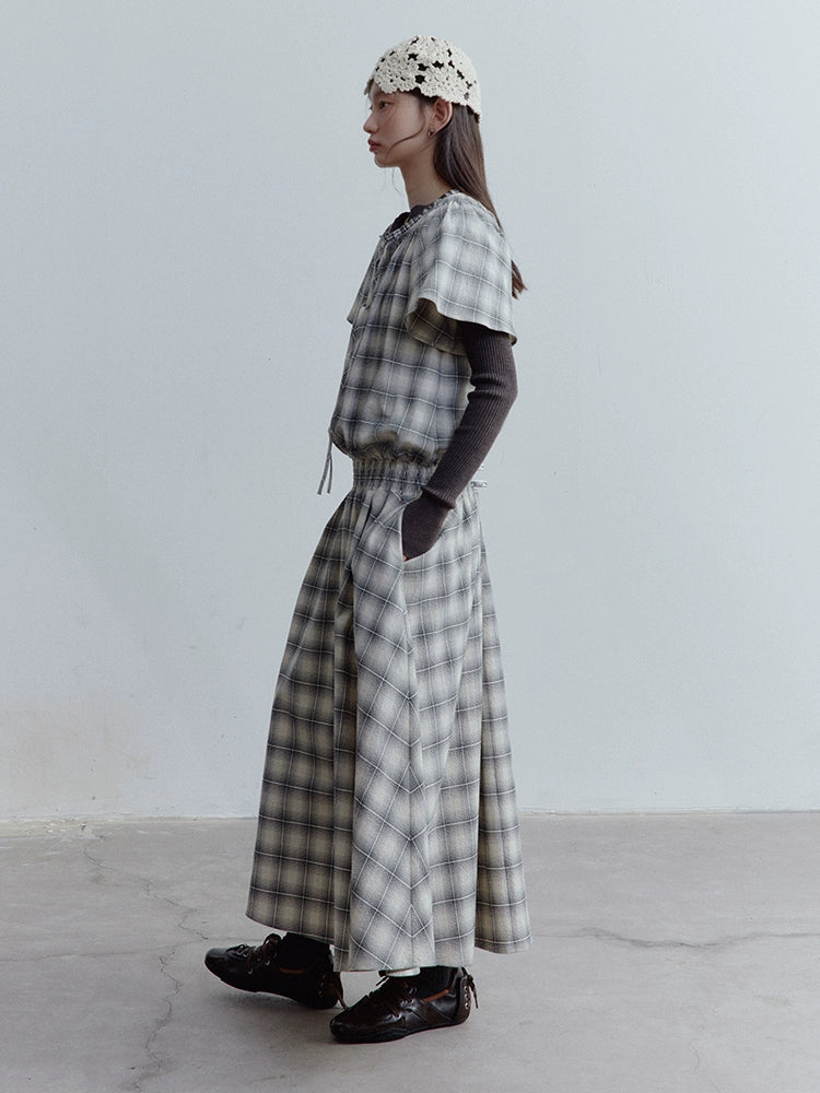 FUSSED_Dupplin_Check_Smocked_Bubble_Textured_A_Line_Dress_V_Neck_T_Shirt_Long_Sleeve_MISSTT