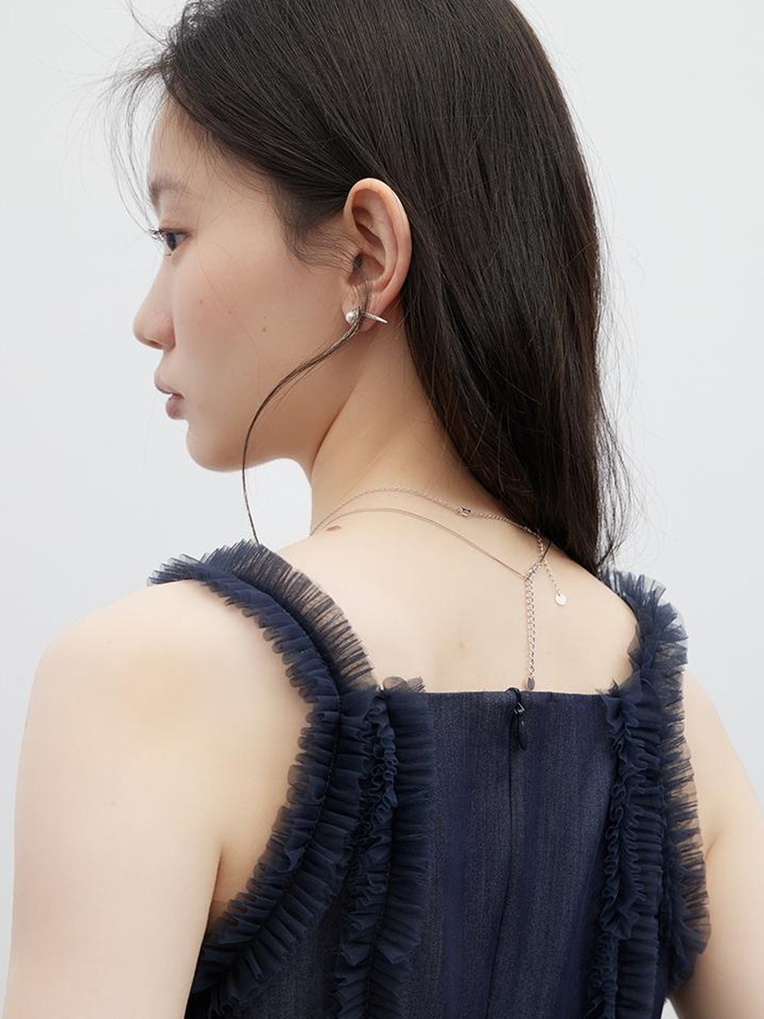 FUSSED Eden Blue Denim Look Sheer Mesh Trim A Line Dress