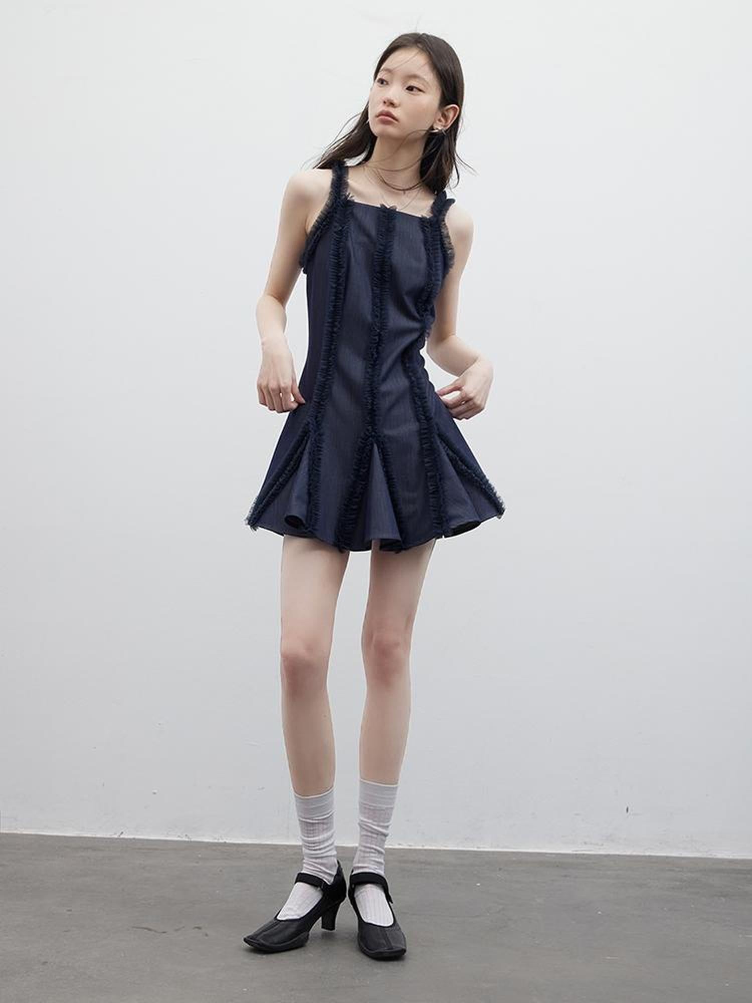 FUSSED Eden Blue Denim Look Sheer Mesh Trim A Line Dress