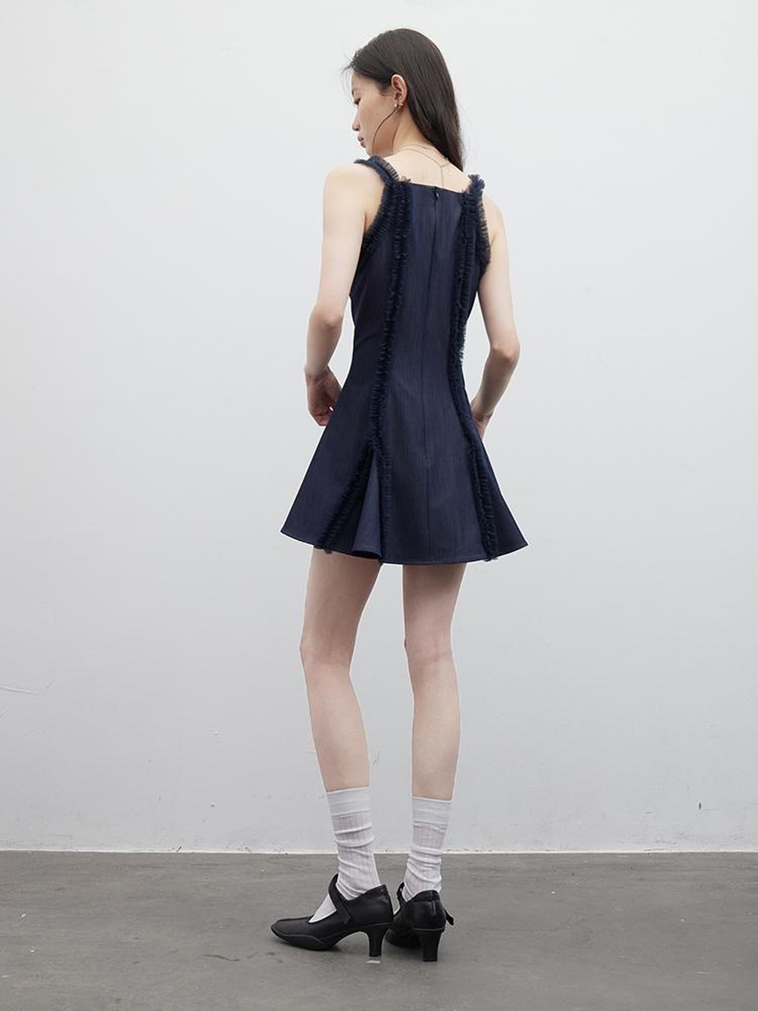 FUSSED Eden Blue Denim Look Sheer Mesh Trim A Line Dress