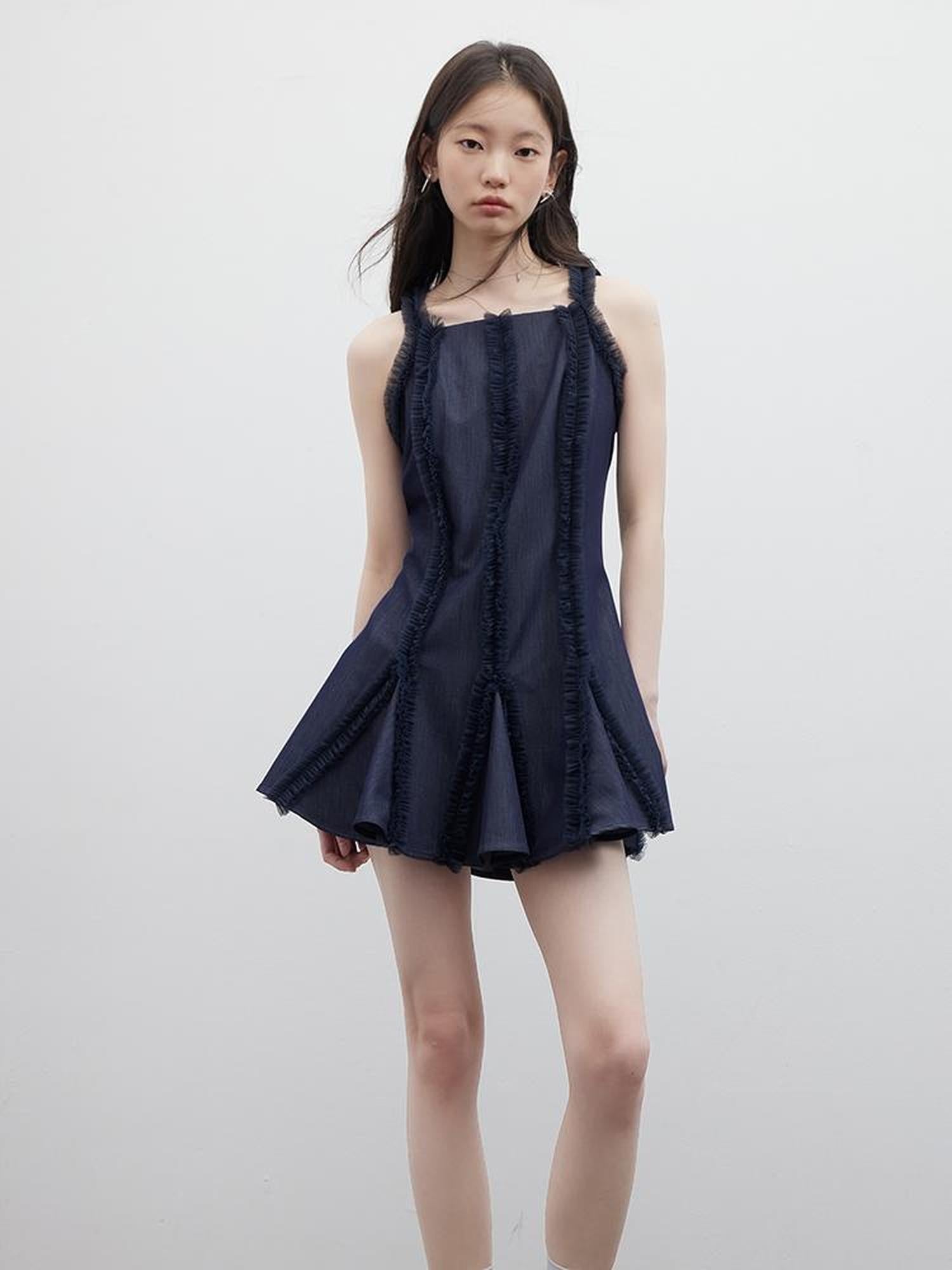 FUSSED Eden Blue Denim Look Sheer Mesh Trim A Line Dress
