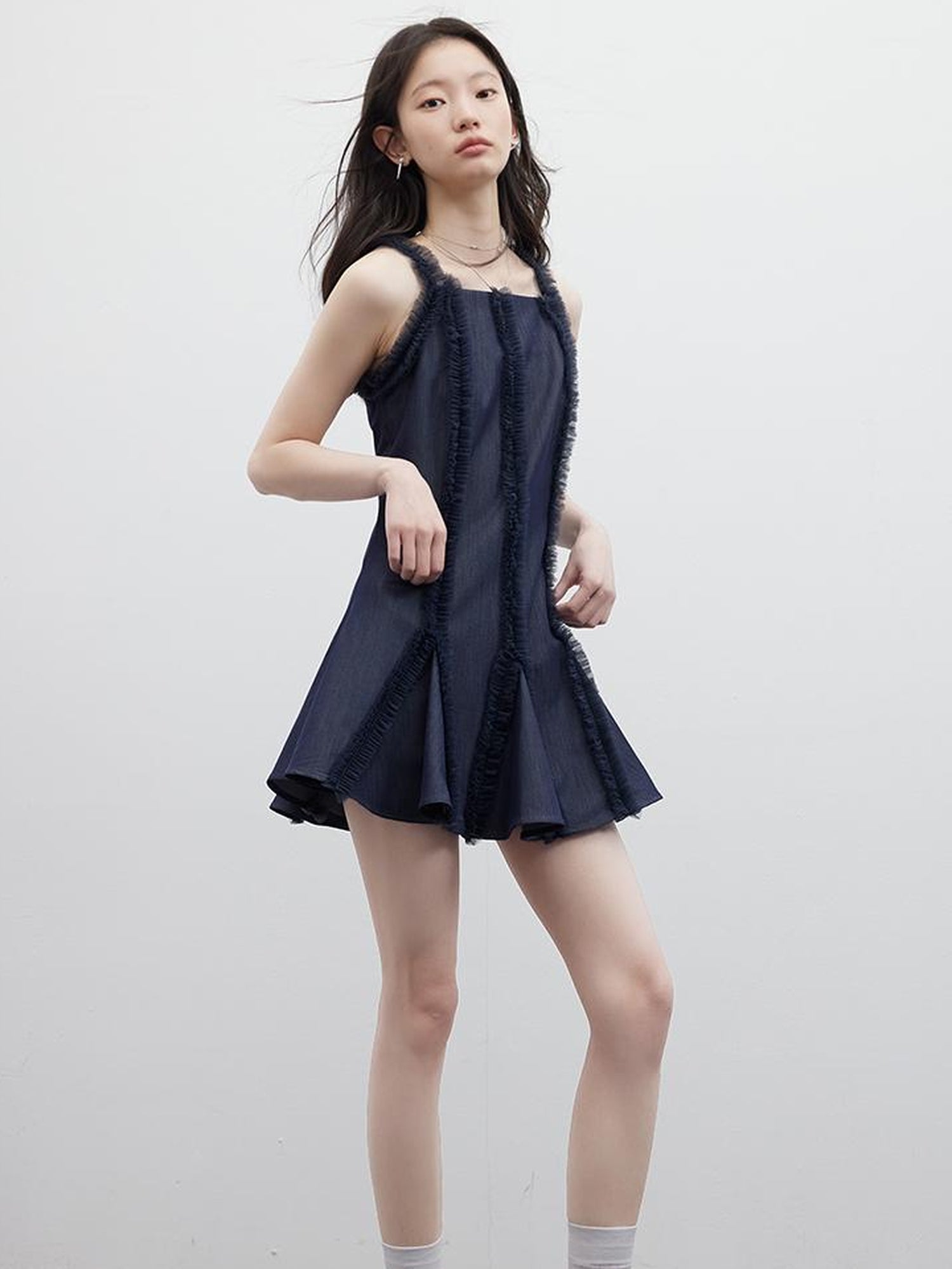 FUSSED Eden Blue Denim Look Sheer Mesh Trim A Line Dress