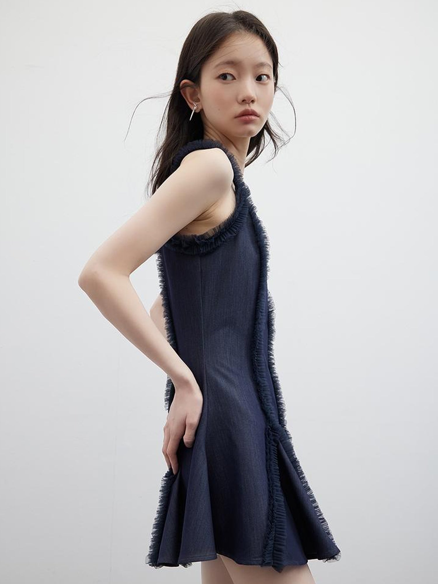 FUSSED Eden Blue Denim Look Sheer Mesh Trim A Line Dress