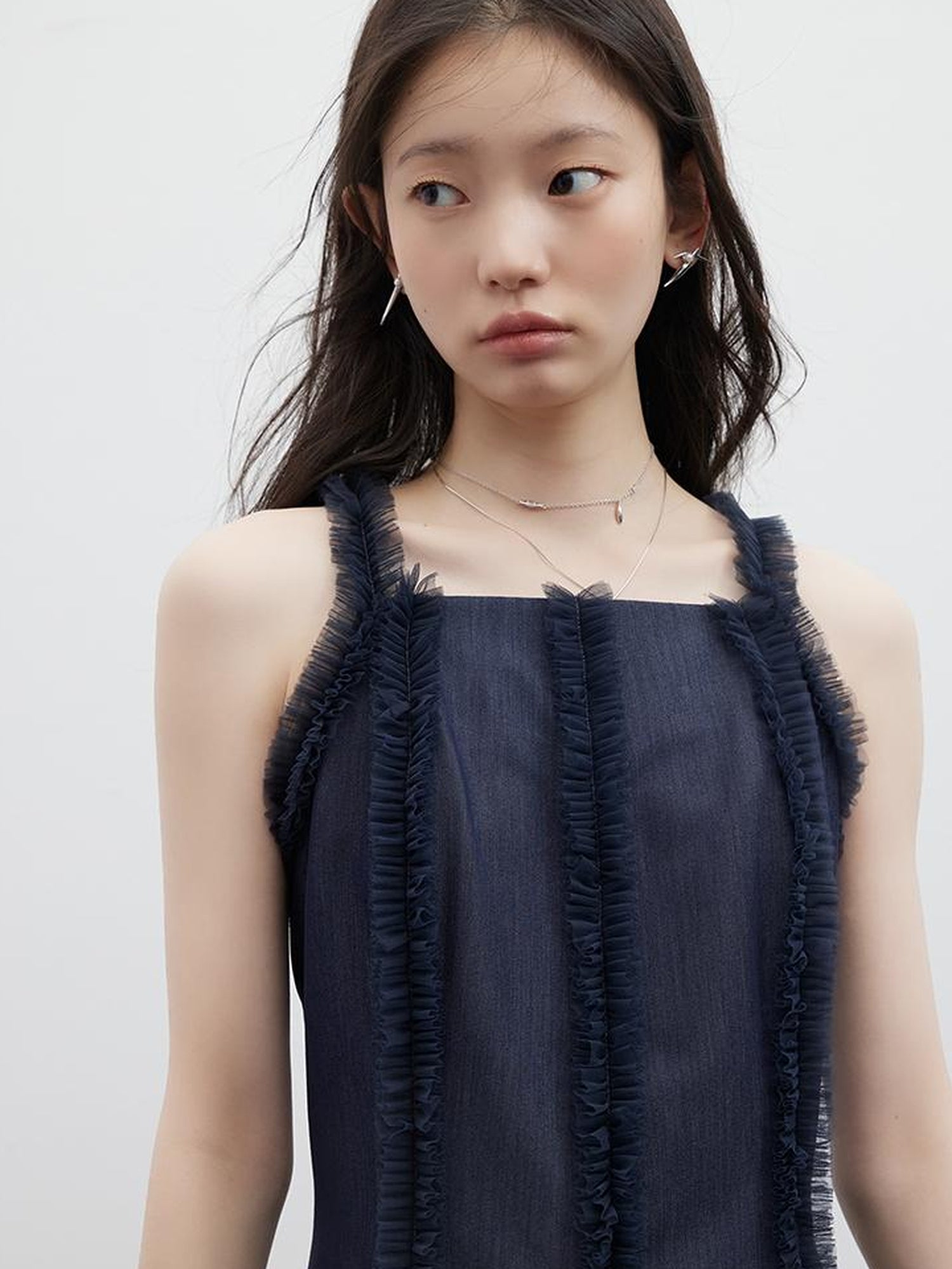 FUSSED Eden Blue Denim Look Sheer Mesh Trim A Line Dress