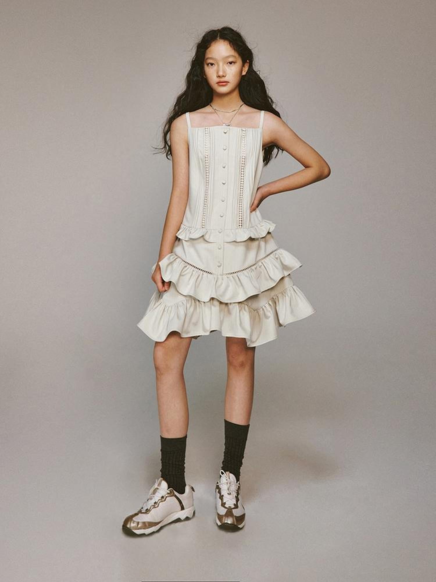 FUSSED Eden Pleated Lace Trimmed Tiered Sundress