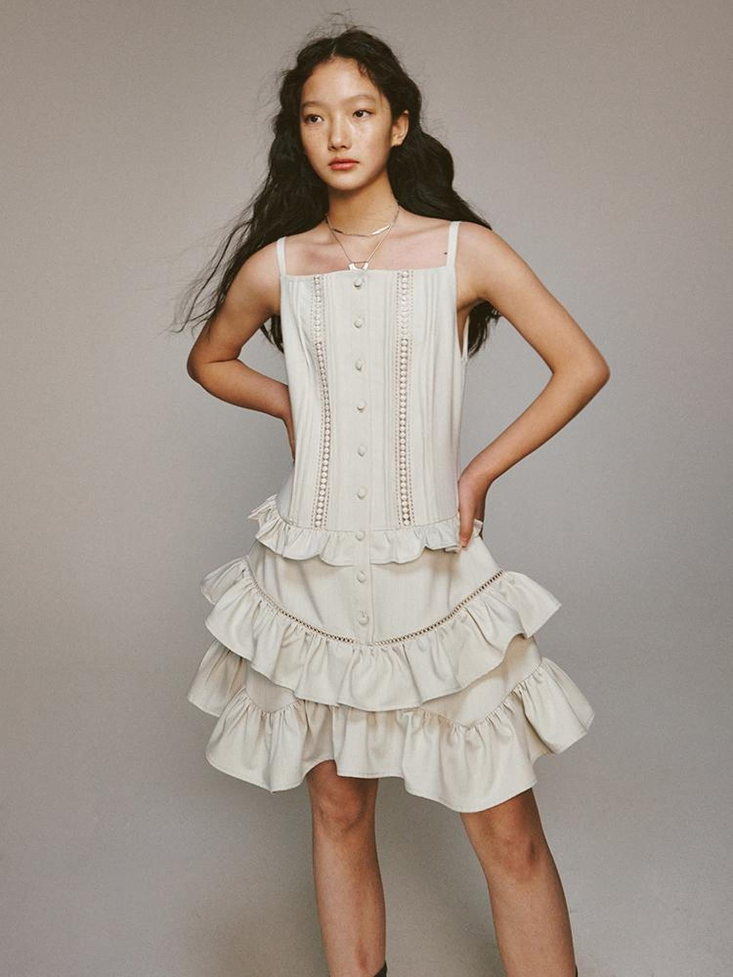 FUSSED Eden Pleated Lace Trimmed Tiered Sundress