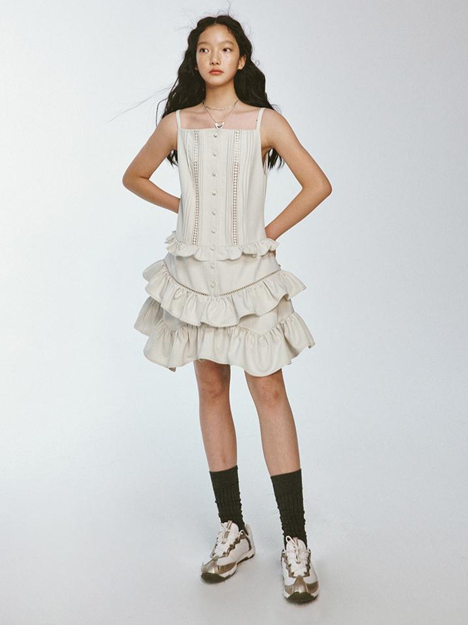 FUSSED Eden Pleated Lace Trimmed Tiered Sundress