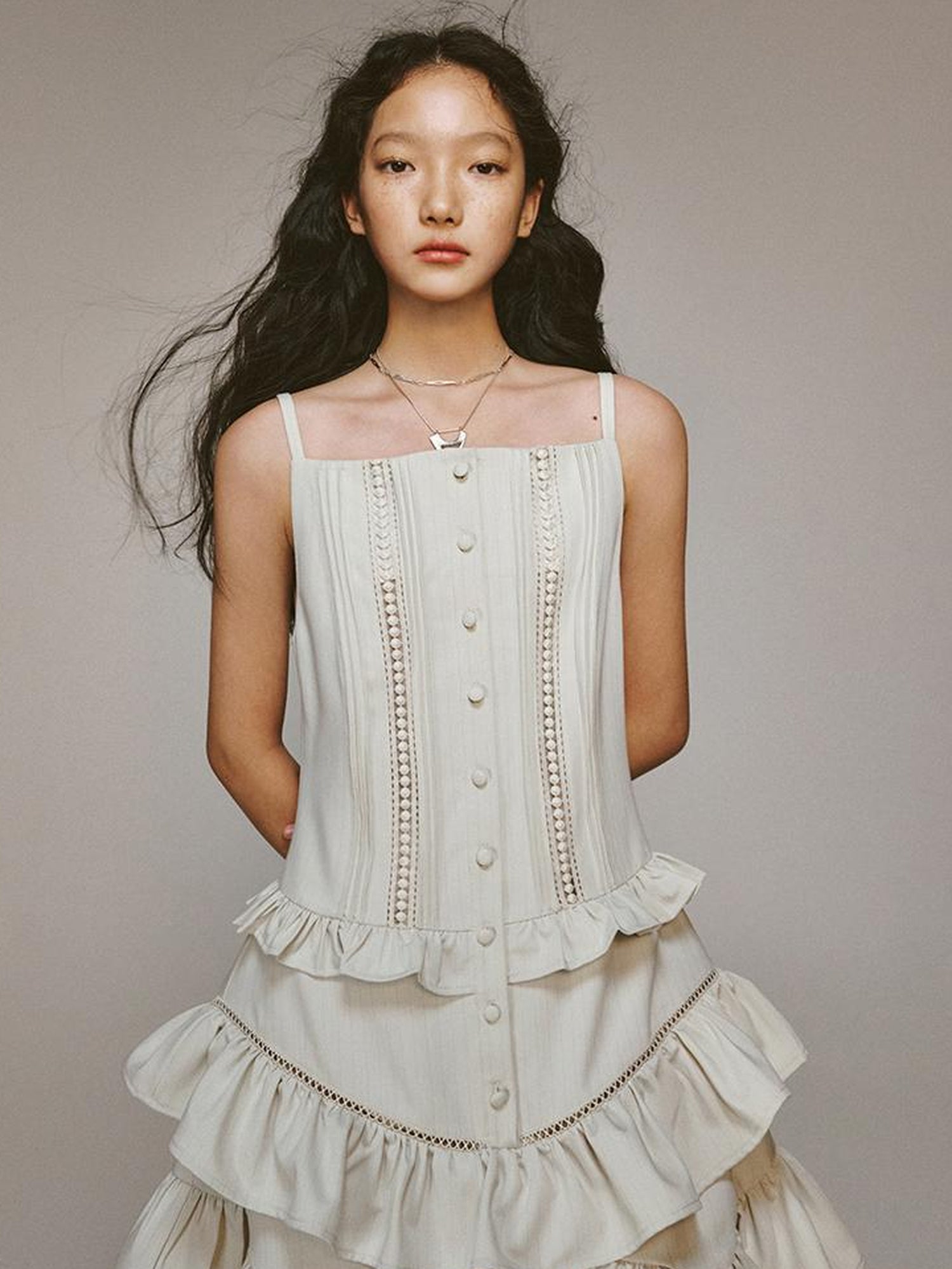 FUSSED Eden Pleated Lace Trimmed Tiered Sundress