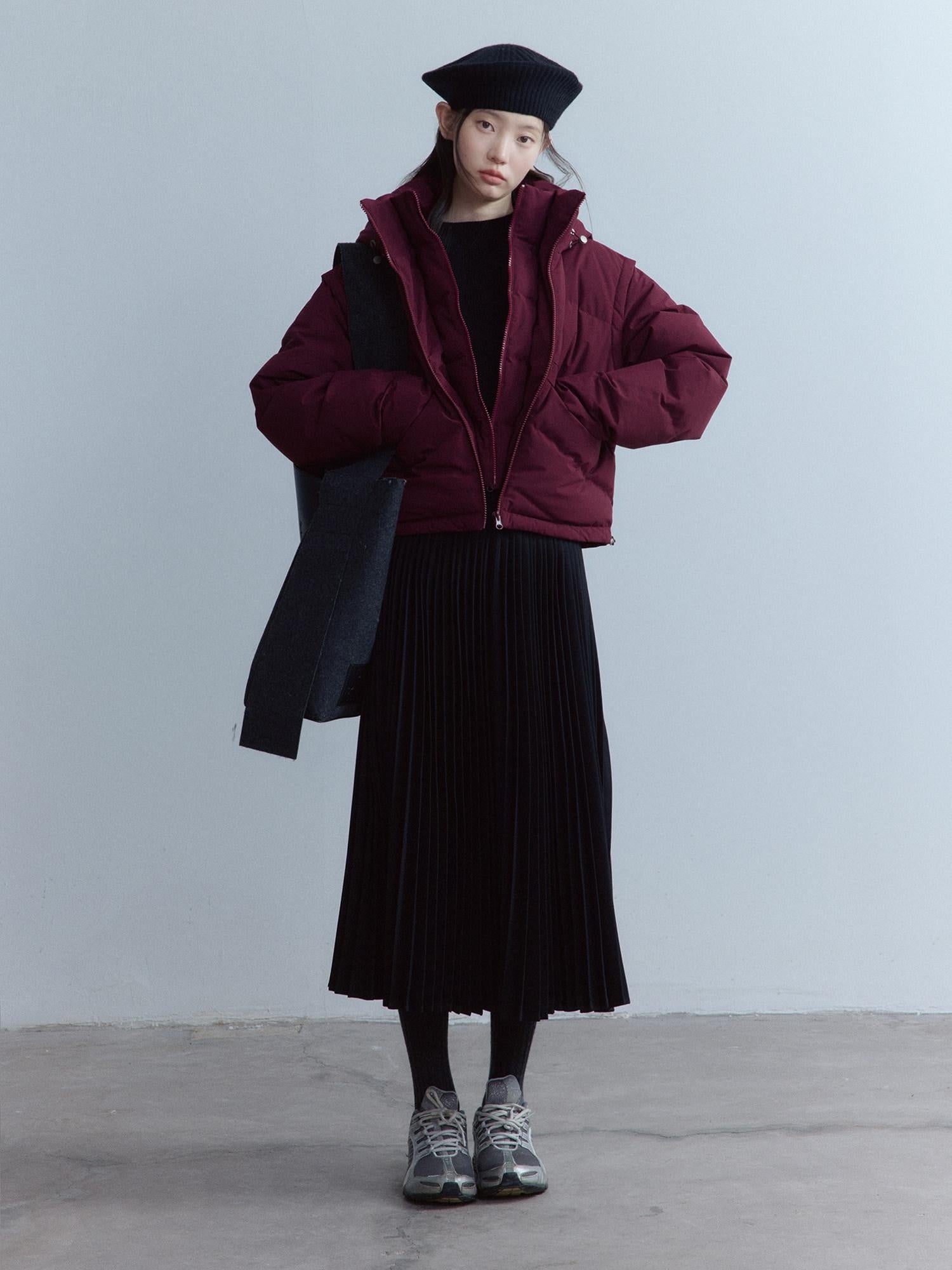 FUSSED Elastic Waist Pleated Panel Casual Flared Hem For Women Daily Black Maxi Skirt