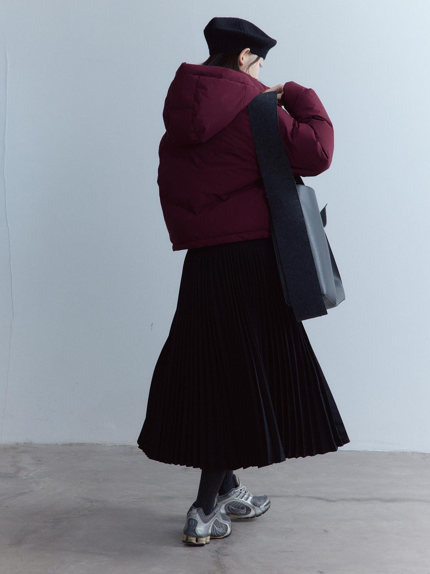 FUSSED Elastic Waist Pleated Panel Casual Flared Hem For Women Daily Black Maxi Skirt