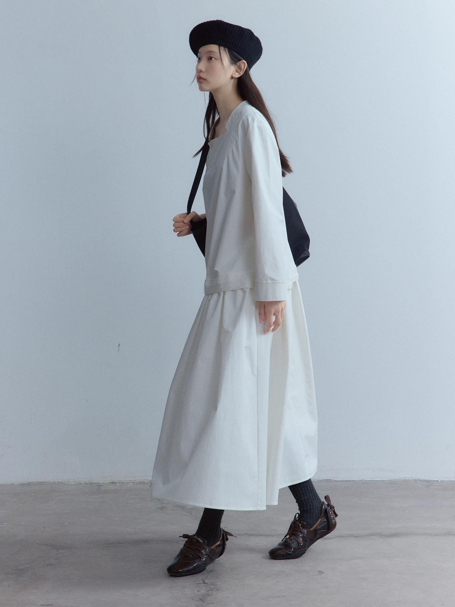 FUSSED Elegant Asymmetrical A Line Loose Long Sleeve Mock Two Piece Maxi Dresses