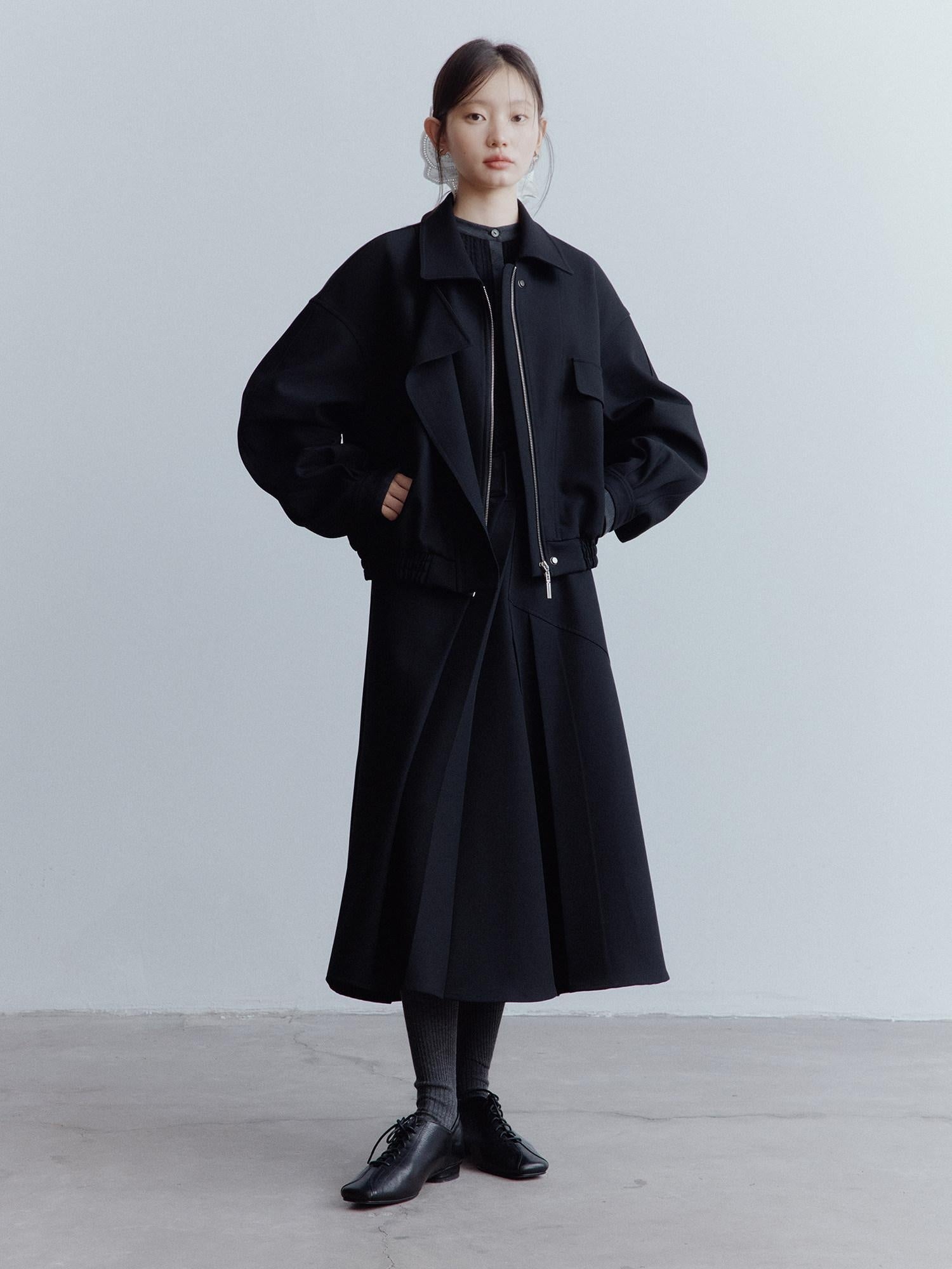 FUSSED Elegant Heiress Asymmetric Pleated A Line Mid Rise Black Women Midi Skirt