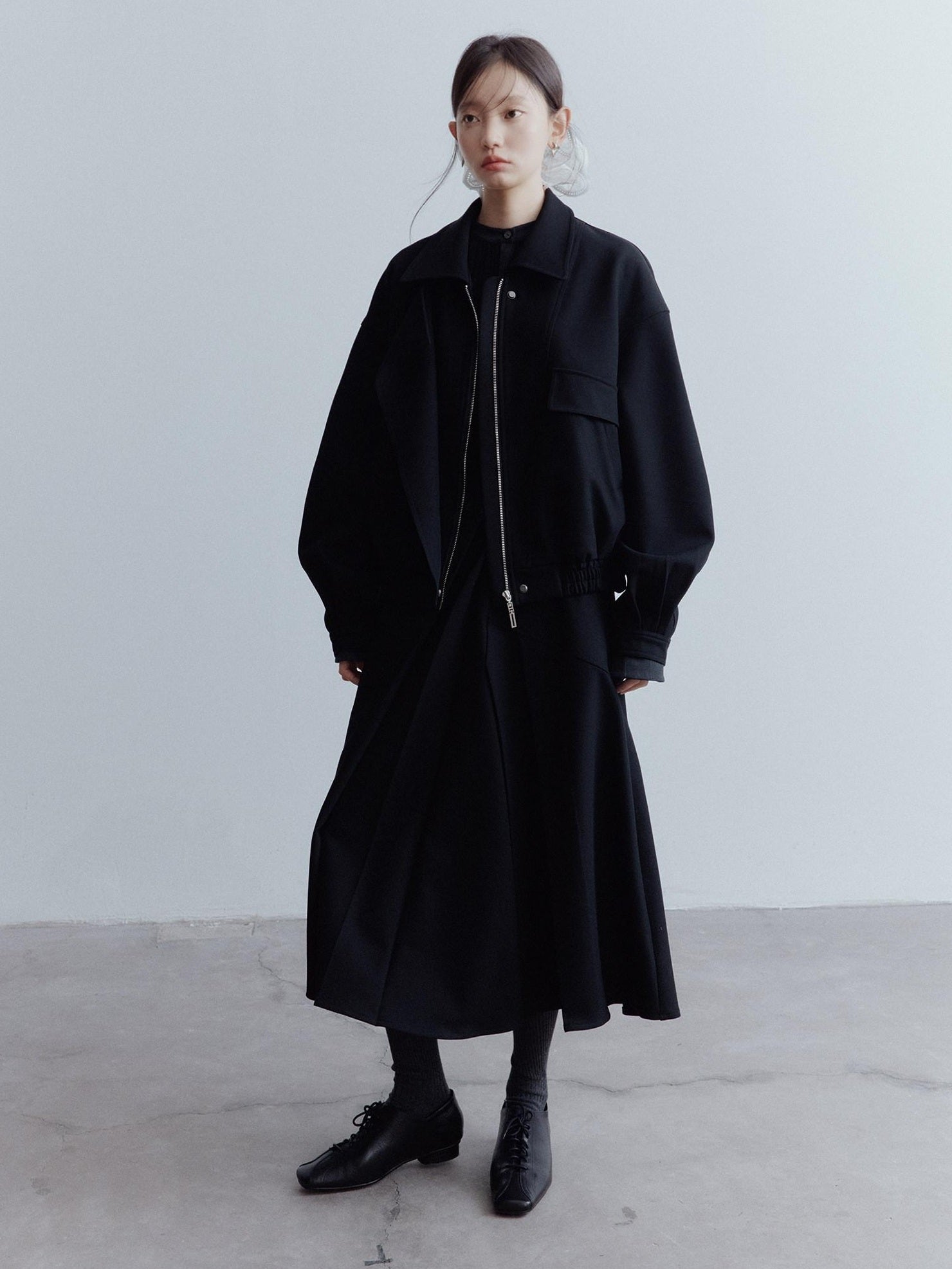 FUSSED Elegant Heiress Asymmetric Pleated A Line Mid Rise Black Women Midi Skirt