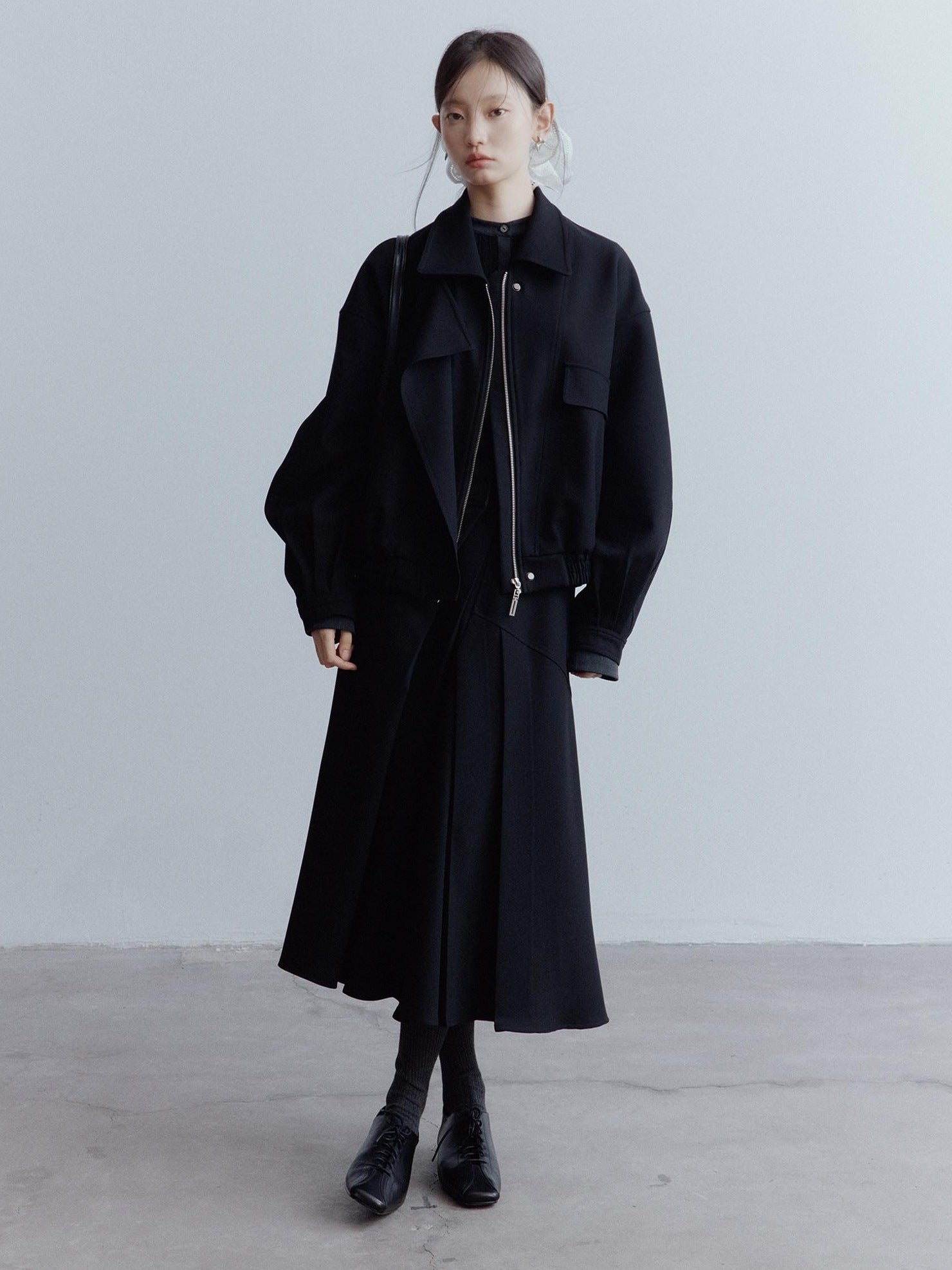 FUSSED Elegant Heiress Asymmetric Pleated A Line Mid Rise Black Women Midi Skirt