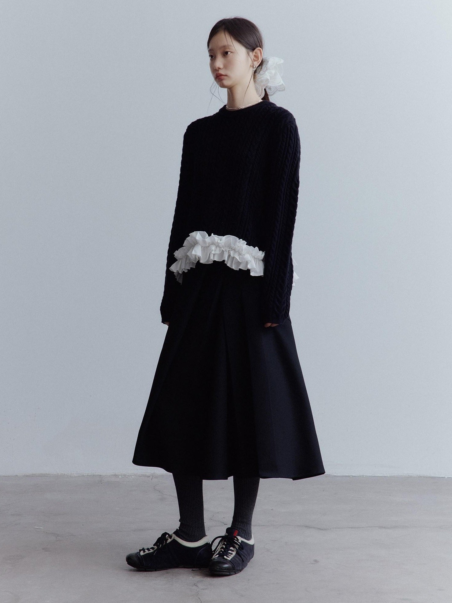 FUSSED Elegant Heiress Asymmetric Pleated A Line Mid Rise Black Women Midi Skirt