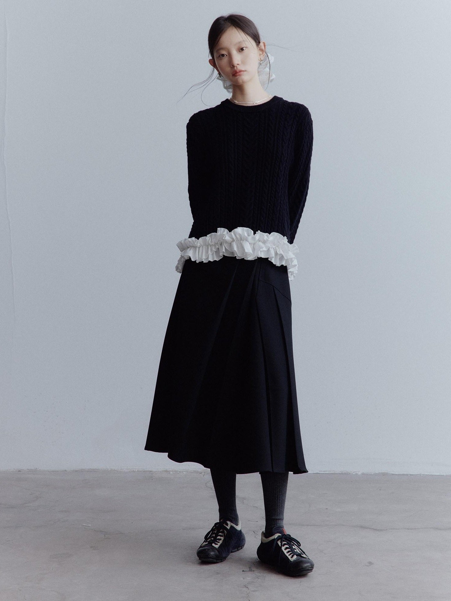 FUSSED Elegant Heiress Asymmetric Pleated A Line Mid Rise Black Women Midi Skirt