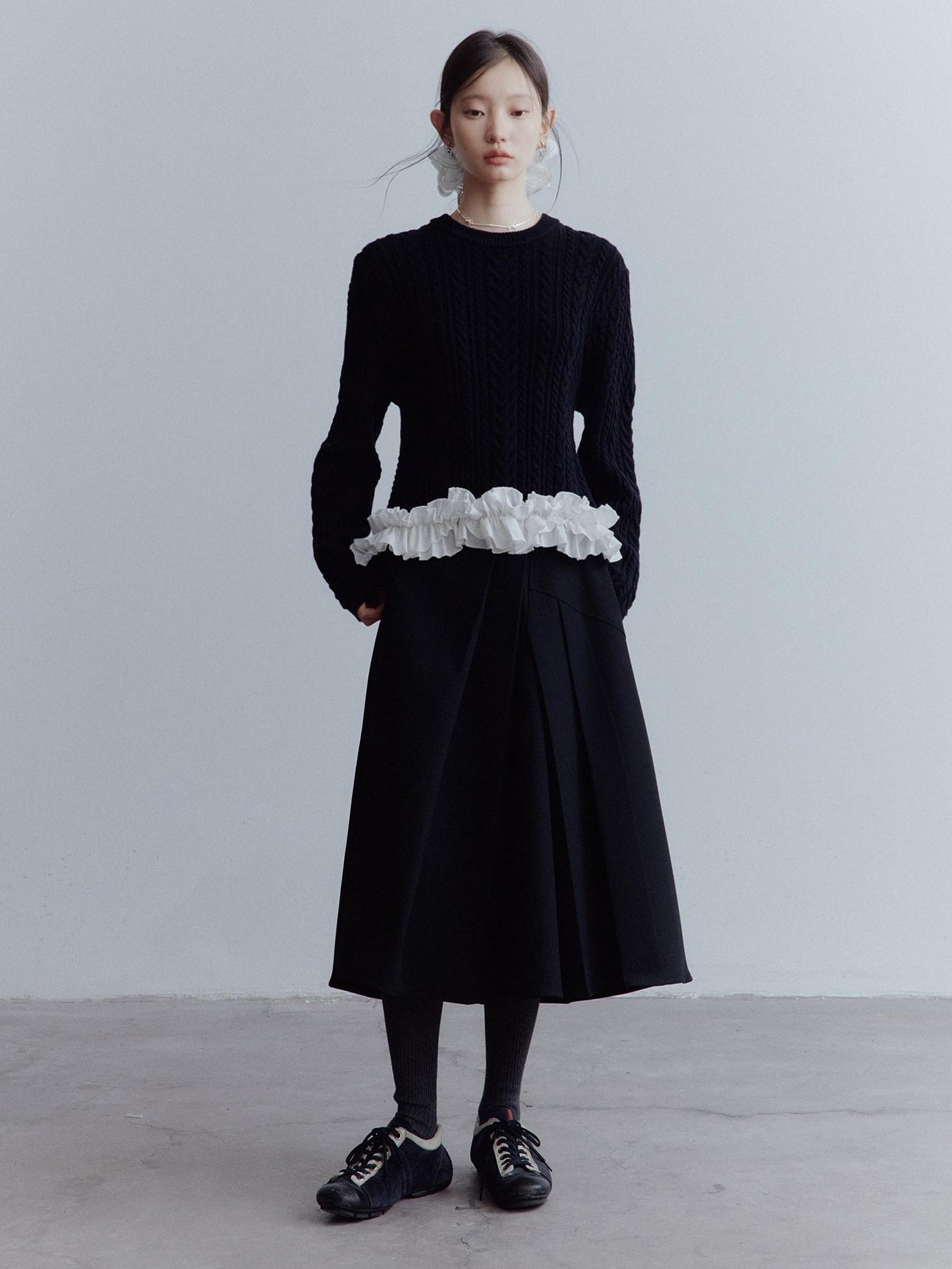 FUSSED Elegant Heiress Asymmetric Pleated A Line Mid Rise Black Women Midi Skirt