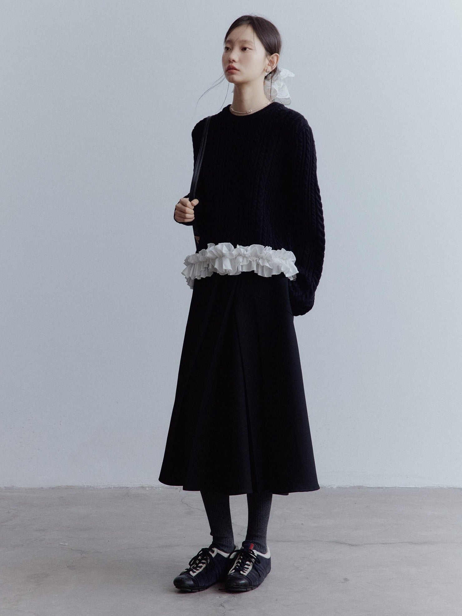 FUSSED Elegant Heiress Asymmetric Pleated A Line Mid Rise Black Women Midi Skirt