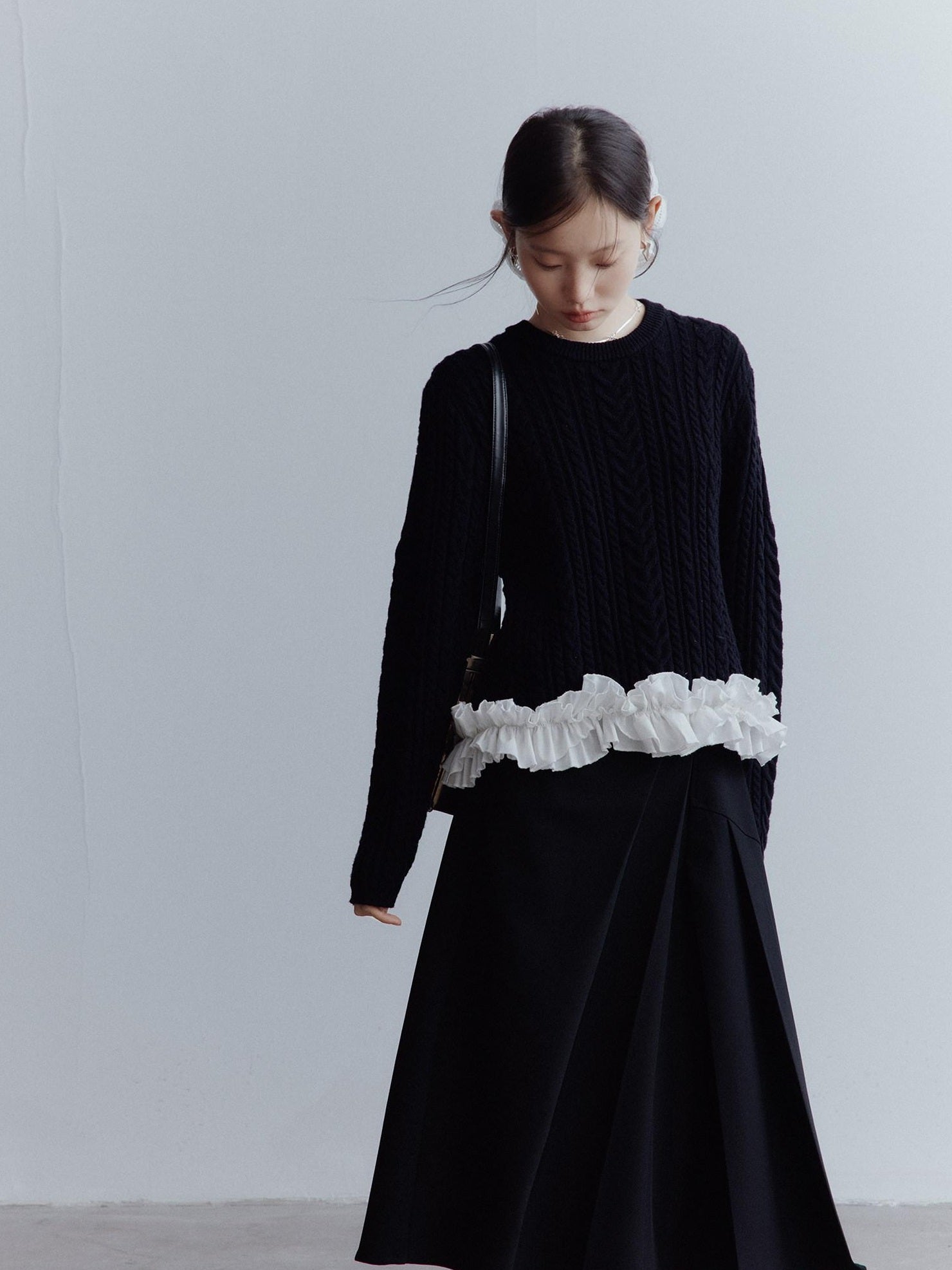 FUSSED Elegant Heiress Asymmetric Pleated A Line Mid Rise Black Women Midi Skirt