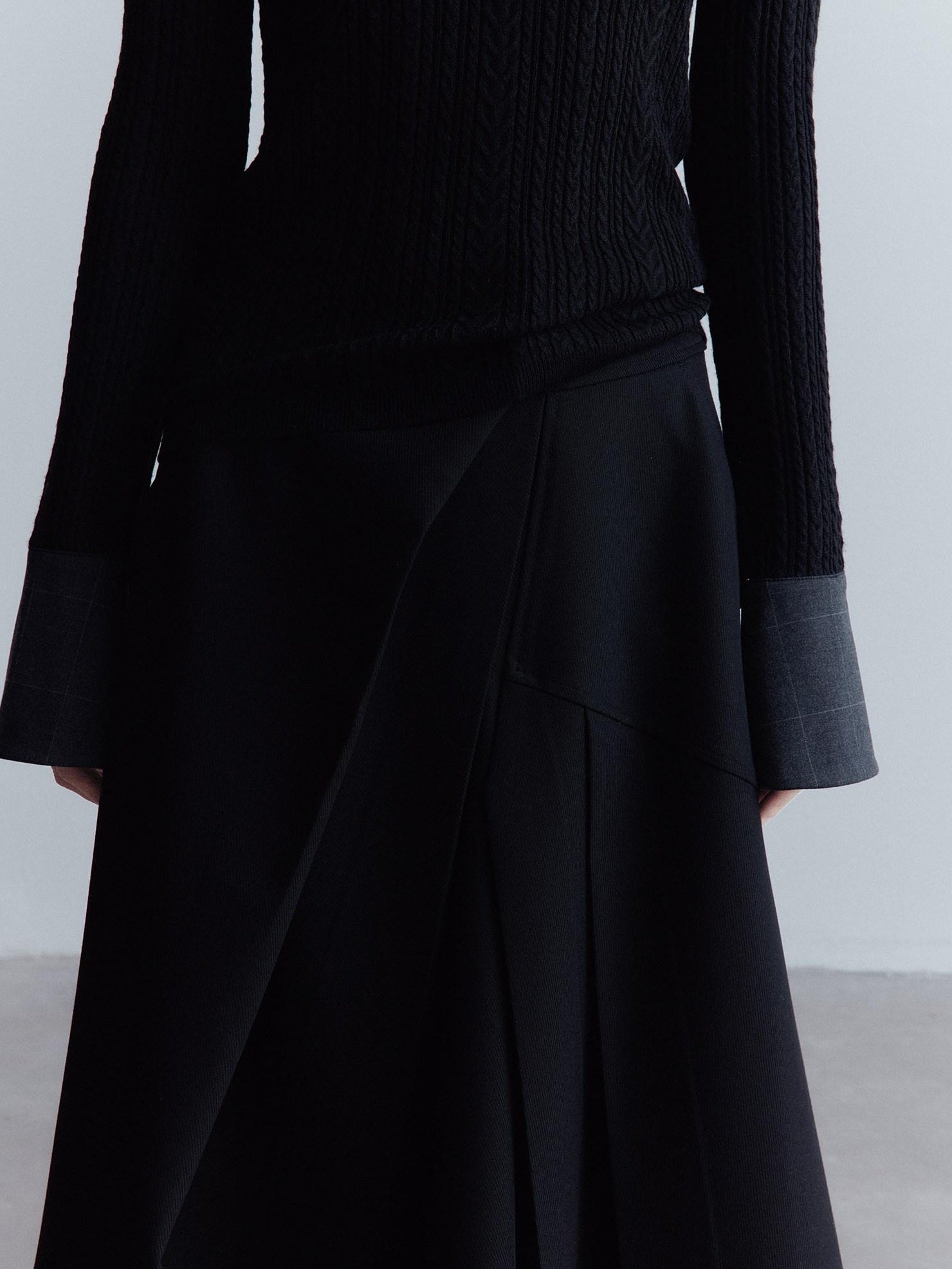 FUSSED Elegant Heiress Asymmetric Pleated A Line Mid Rise Black Women Midi Skirt