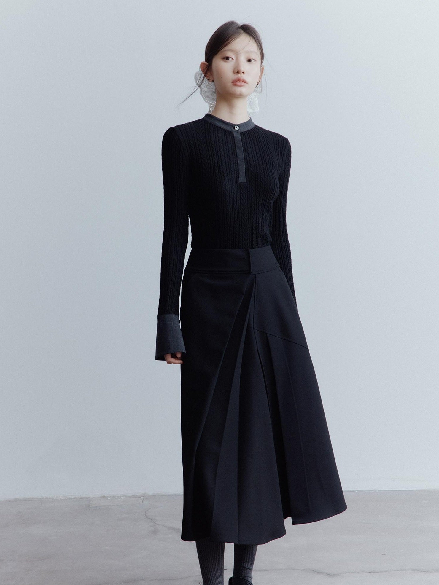 FUSSED Elegant Heiress Asymmetric Pleated A Line Mid Rise Black Women Midi Skirt