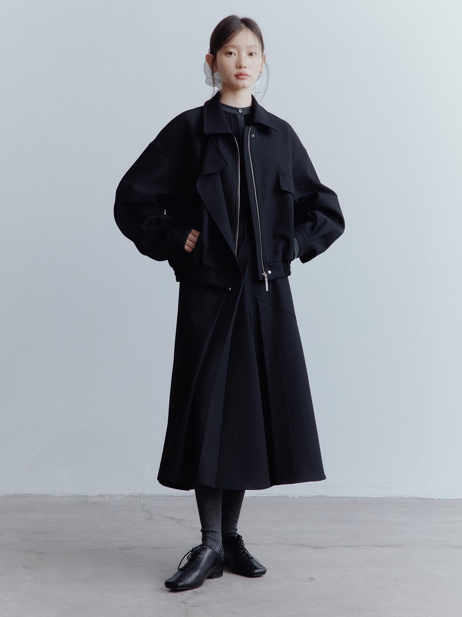 FUSSED Elegant Heiress Asymmetric Pleated A Line Mid Rise Black Women Midi Skirt