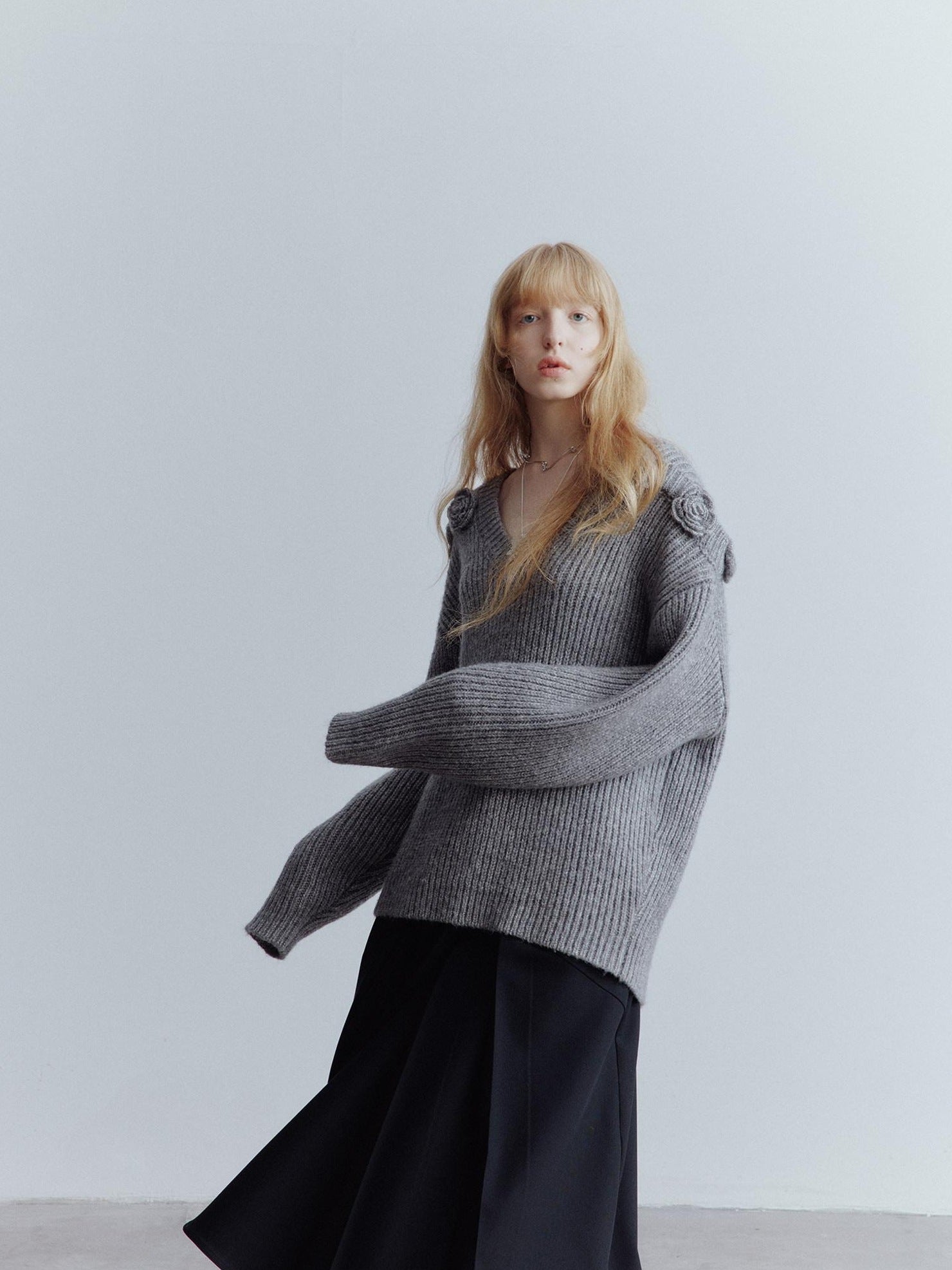 FUSSED Elegant Loose 3D Detail V-ceck Women Casual Mist Gray Midlength Sweater