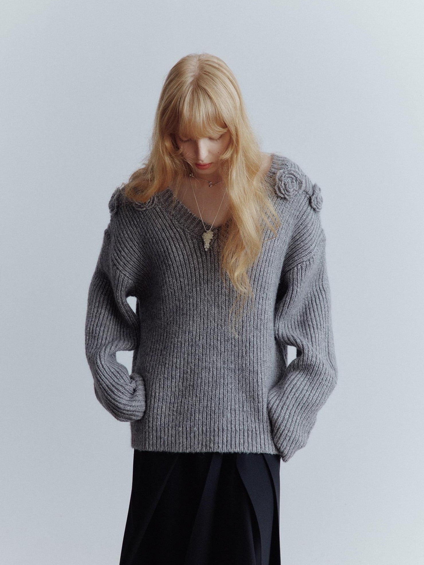 FUSSED Elegant Loose 3D Detail V-ceck Women Casual Mist Gray Midlength Sweater