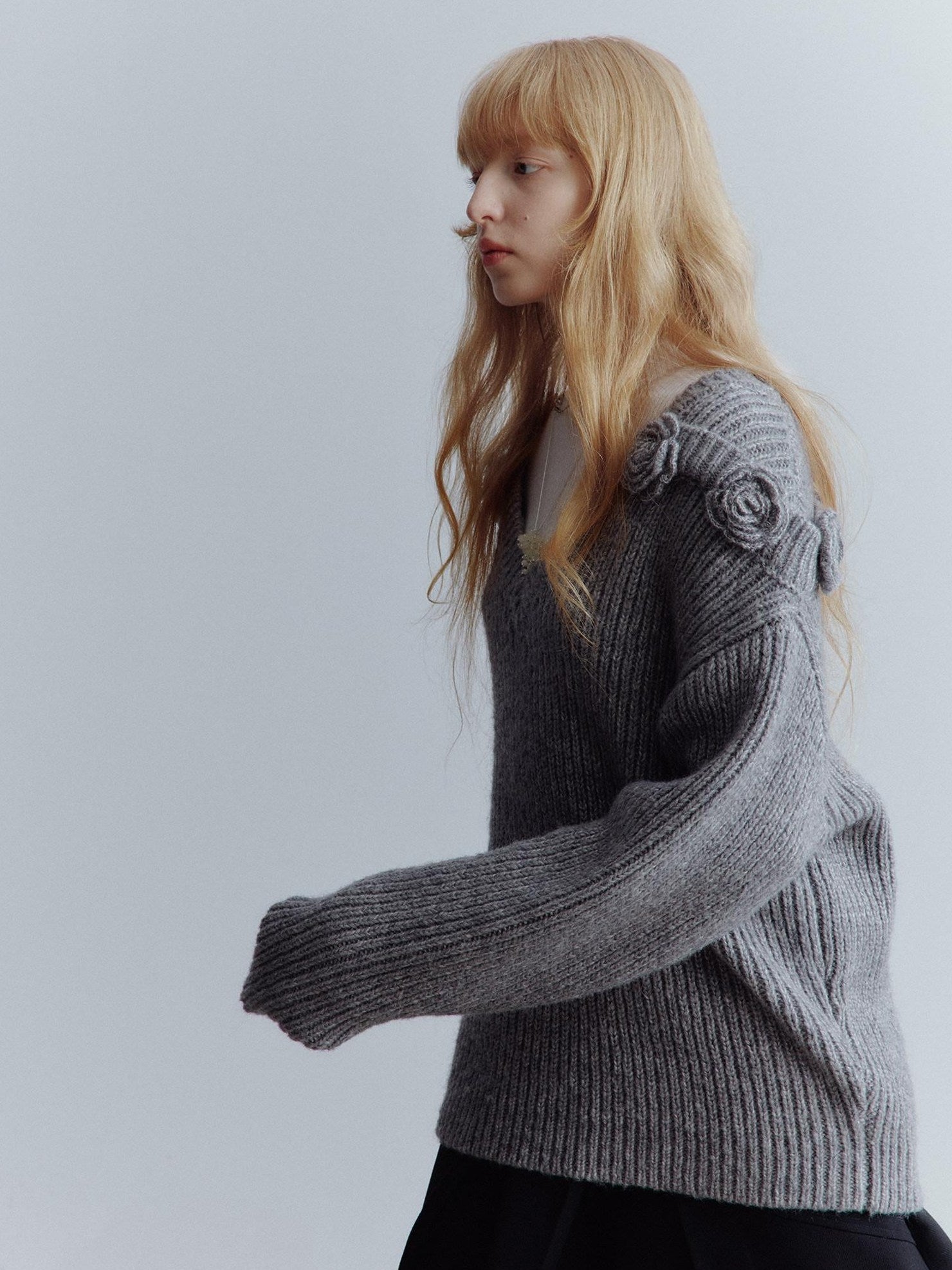 FUSSED Elegant Loose 3D Detail V-ceck Women Casual Mist Gray Midlength Sweater